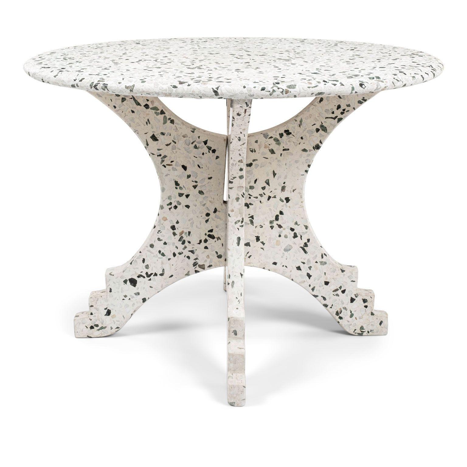 Large round vintage blue and white terrazzo table on terrazzo two-part base. Terrazzo table circa 1950-1969. Blue, subtly colored gray-blue and light terracotta stones set within off-white. Stepped feet. Italy.