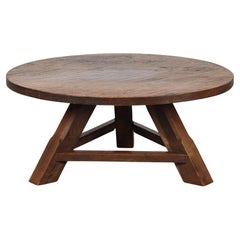 Large Round Vintage Brutalist Oak Farmhouse Coffee Table