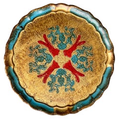 Large Round Vintage Italian Florentine Gilt Gold Red Blue Tray