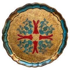 Large Round Vintage Italian Florentine Gilt Gold Red Blue Tray