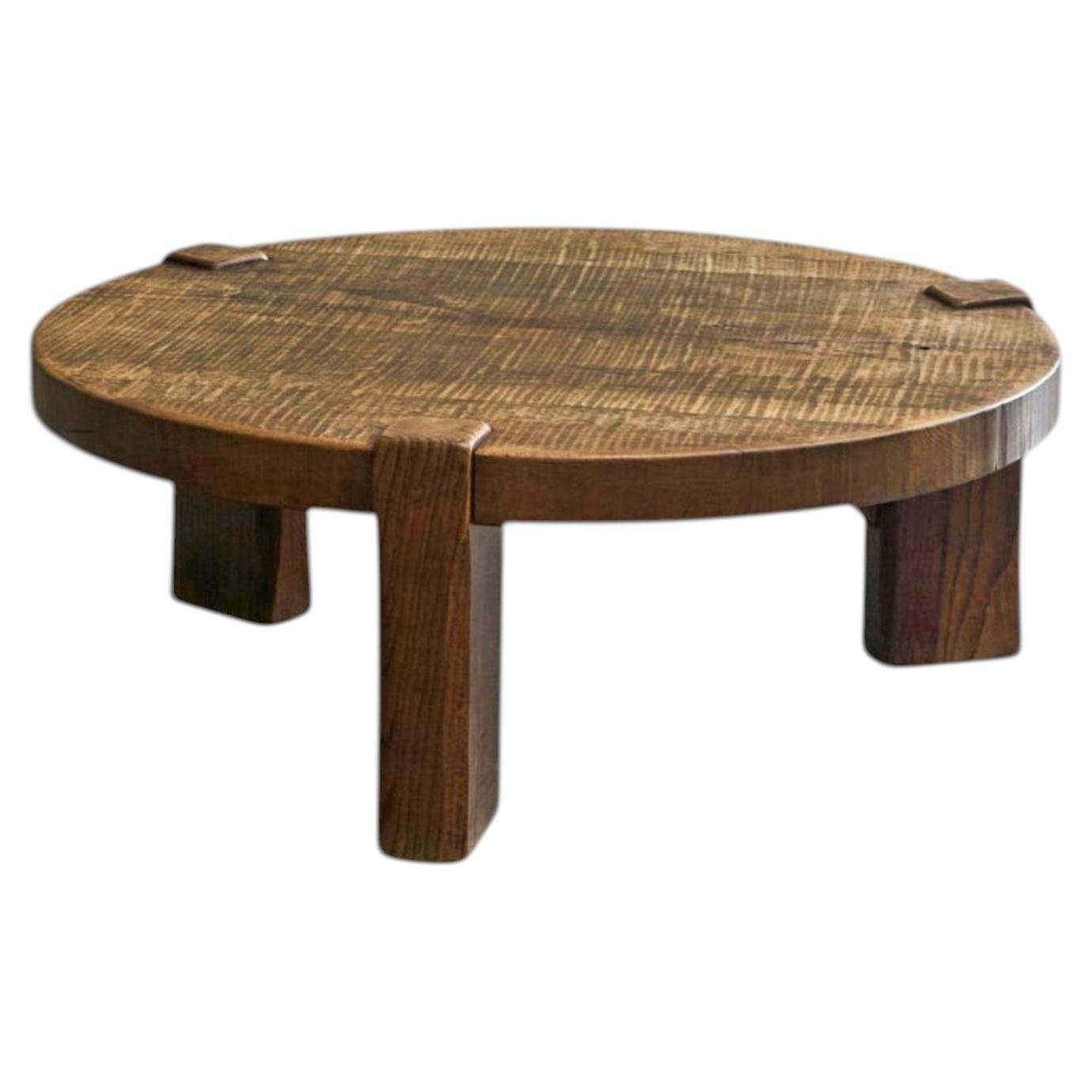 Large Round Wabi Sabi Style Coffee Table in Solid Oak 1960s