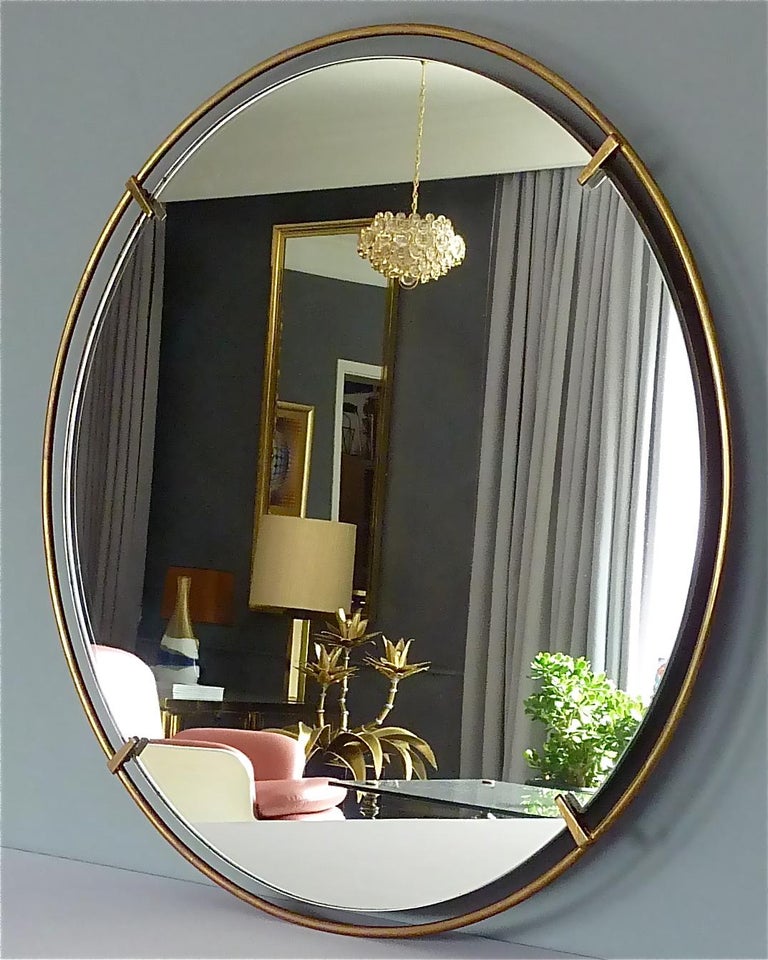 Large Round Wall Mirror Fontana Arte Gio Ponti Style Brass Glass Italy 1950s