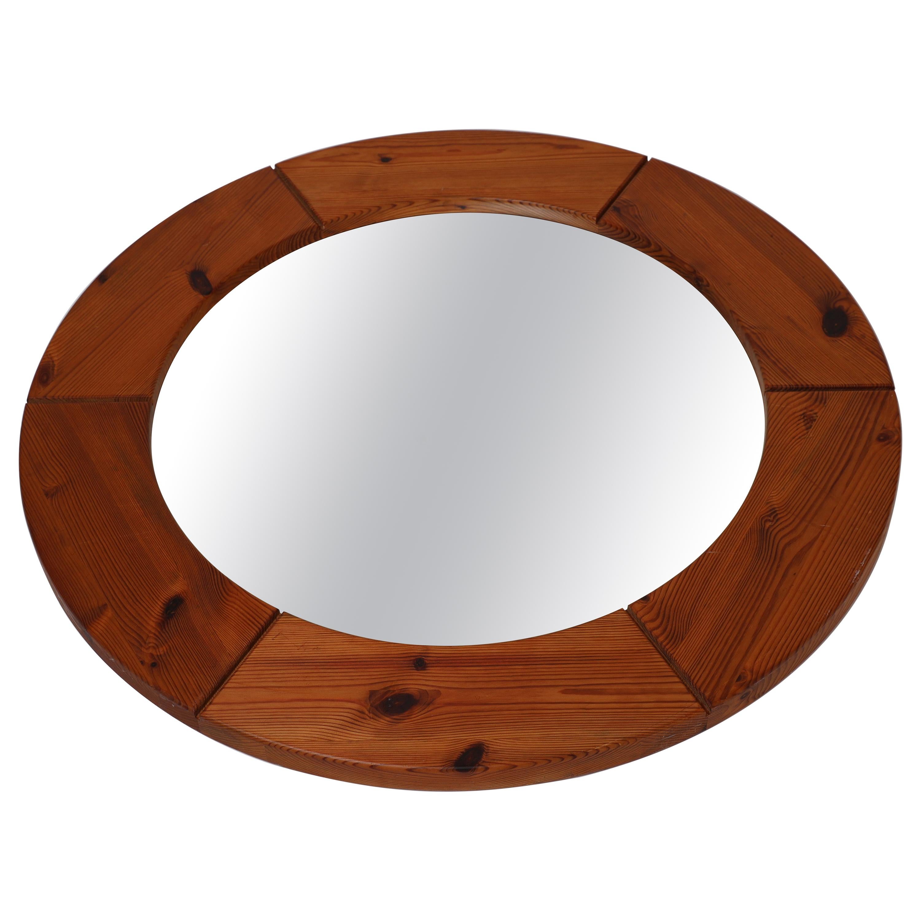 Large Round Wall Mirror in Solid Pine by Glasmäster Markaryd, Sweden, 1960