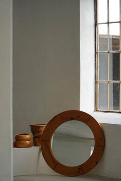 Grand miroir mural rond en pin massif par Glasmäster Markaryd, Suède, années 1960