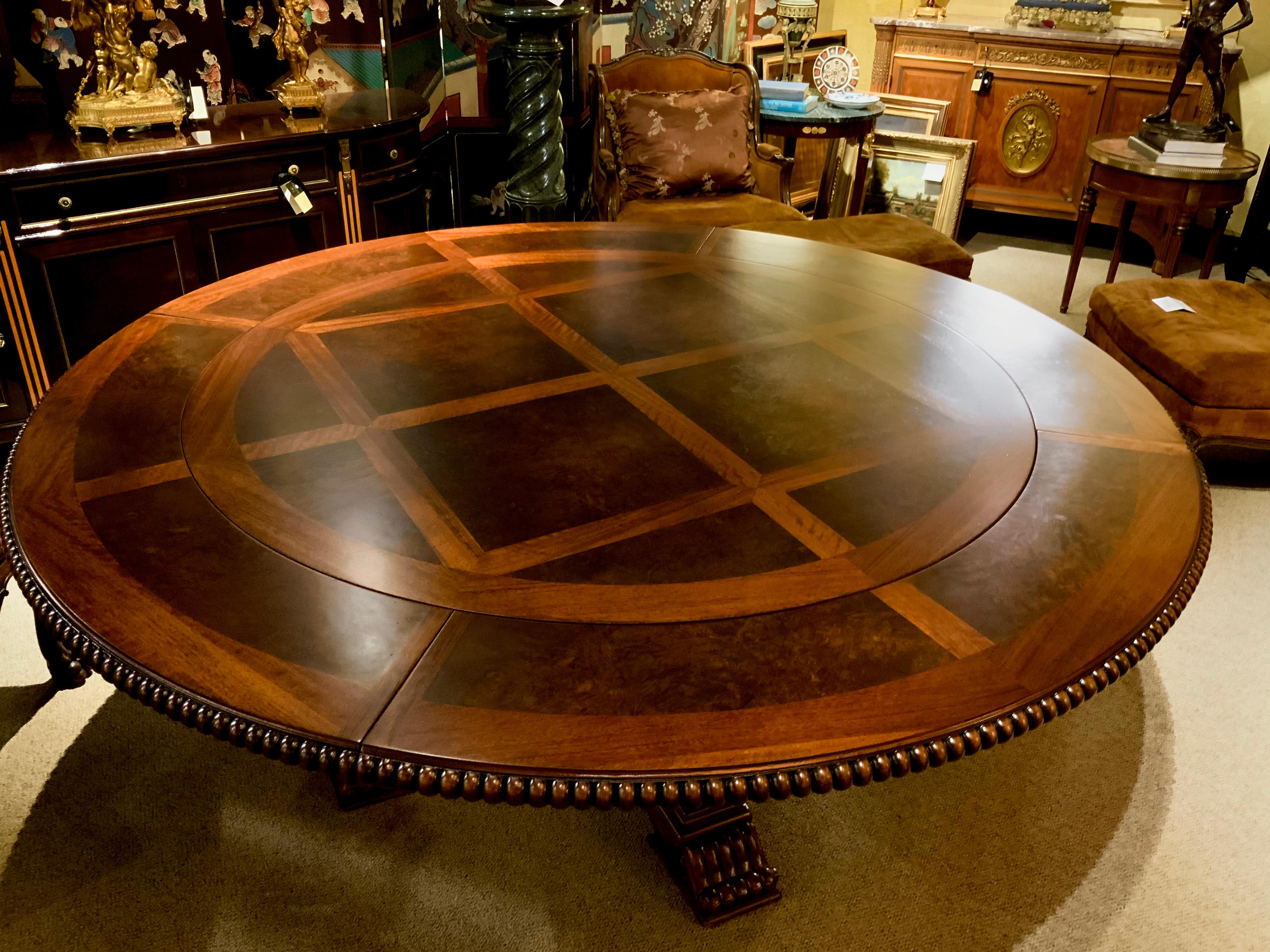 This large round table is very unique because it is known as a perimeter table where the outer 10 inches is removable if
You wish to reduce the diameter. When the perimeter is removed
It measures 57” in diameter. When reduced the table has
