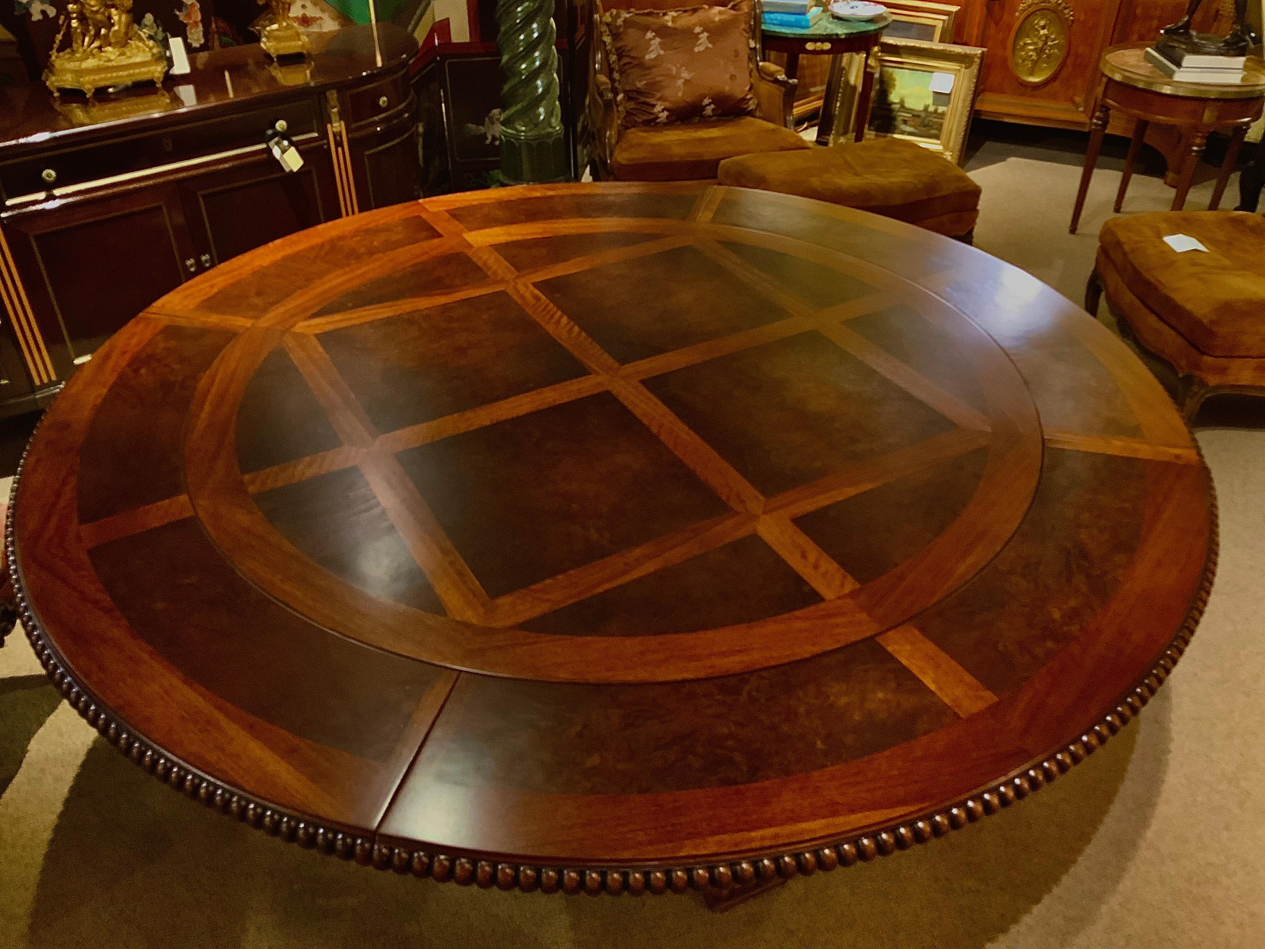 American Large Round Walnut Dining Table on Melon Shaped Base with Marquetry Top