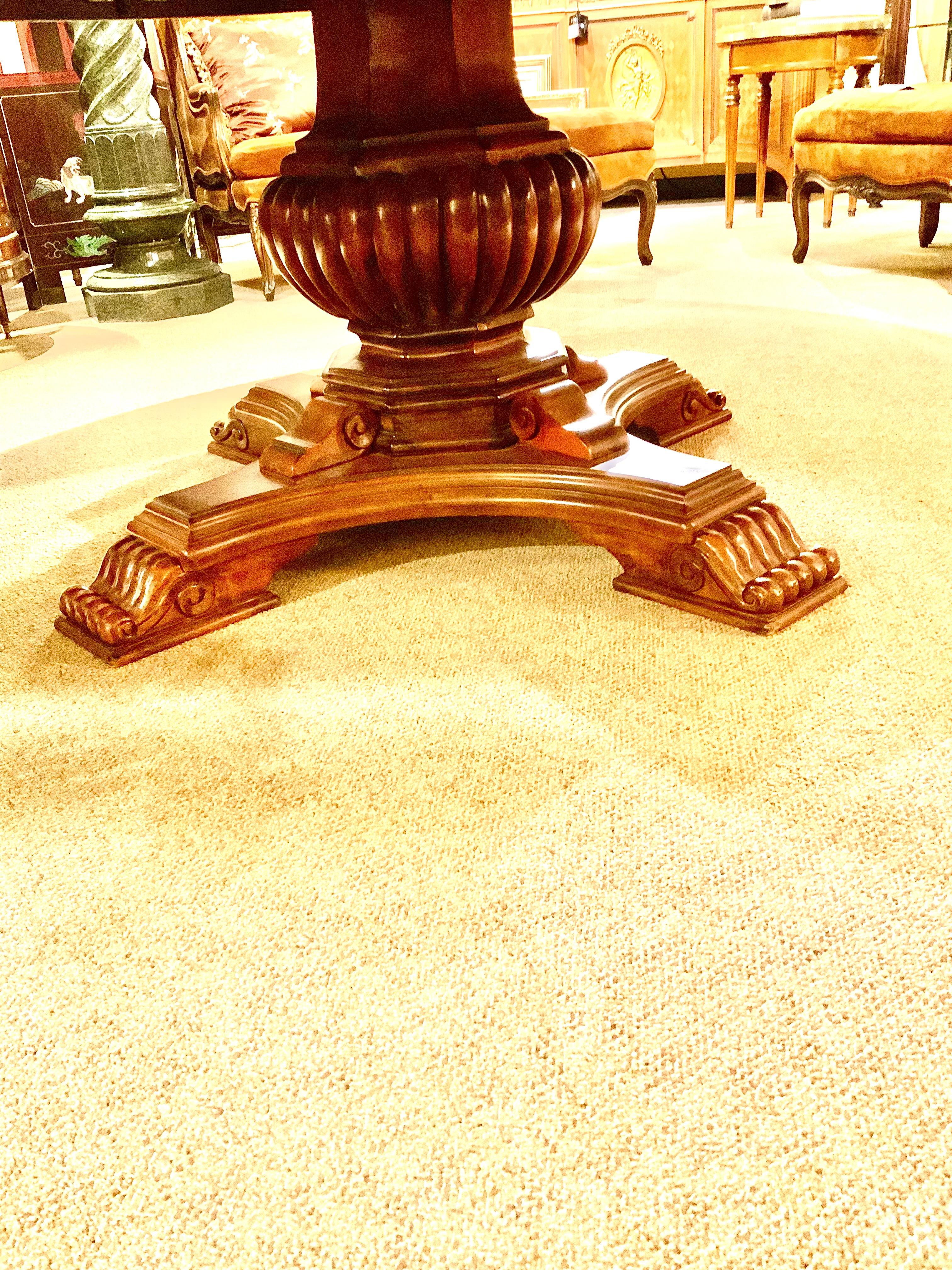 Large Round Walnut Dining Table on Melon Shaped Base with Marquetry Top In Excellent Condition In Houston, TX