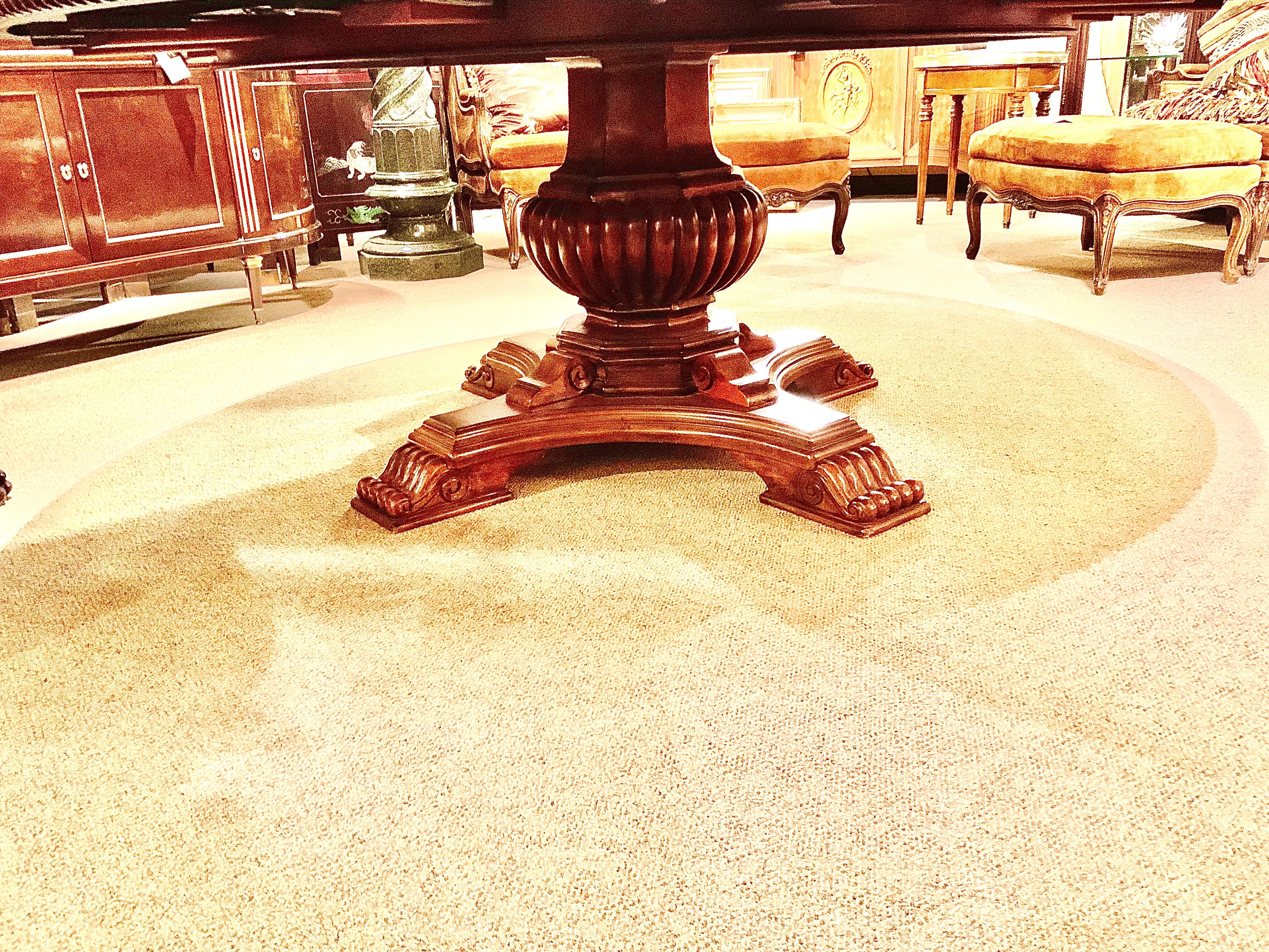 Large Round Walnut Dining Table on Melon Shaped Base with Marquetry Top 1