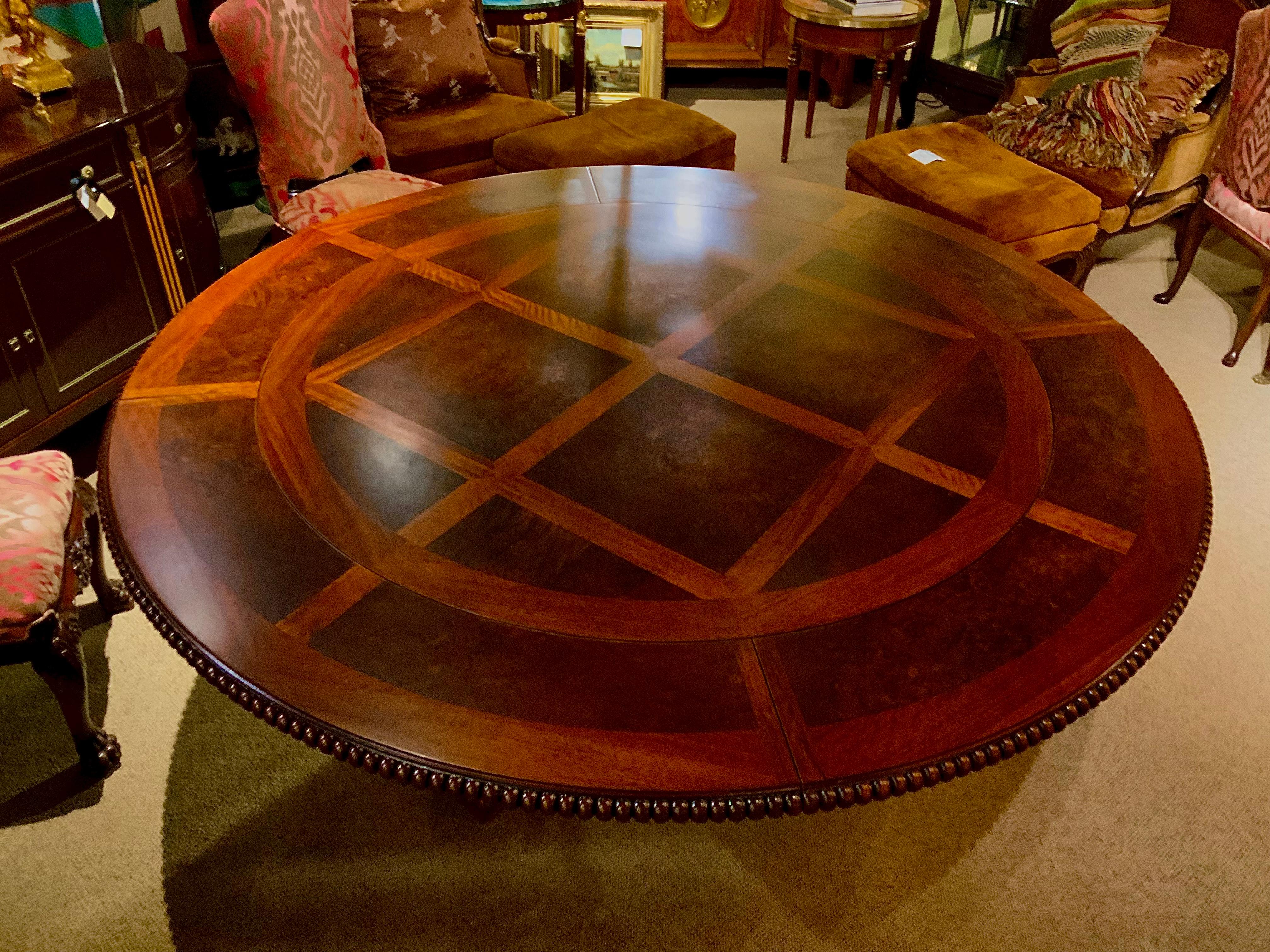 Large Round Walnut Dining Table on Melon Shaped Base with Marquetry Top 3