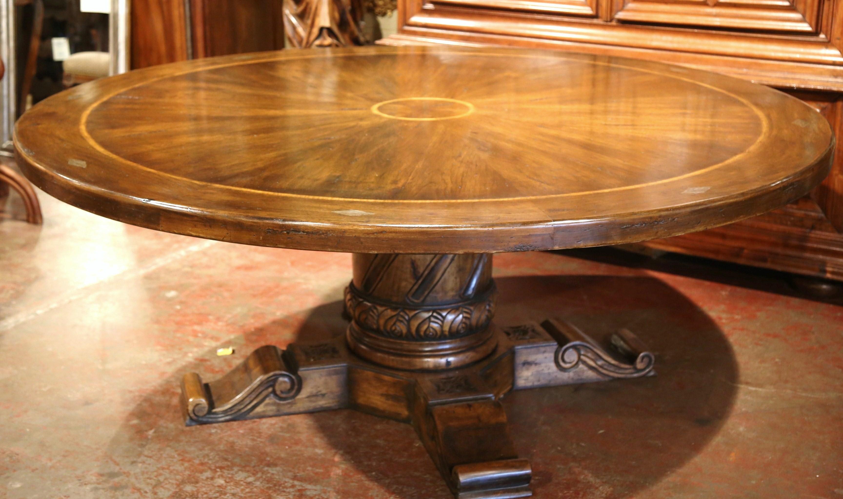 Louis XIII Large Round Walnut Table with Carved Center Pedestal and Geometric Design