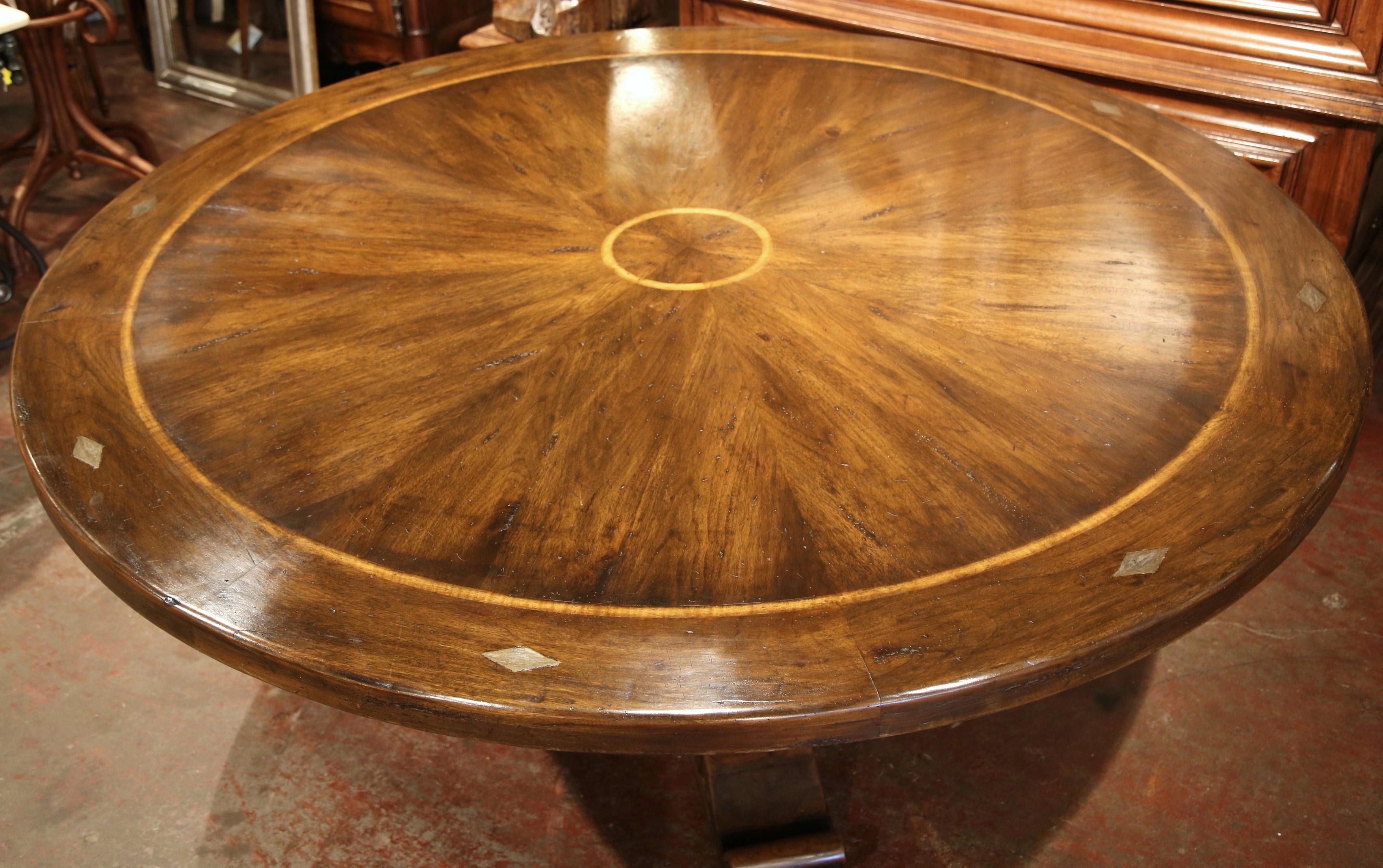 American Large Round Walnut Table with Carved Center Pedestal and Geometric Design