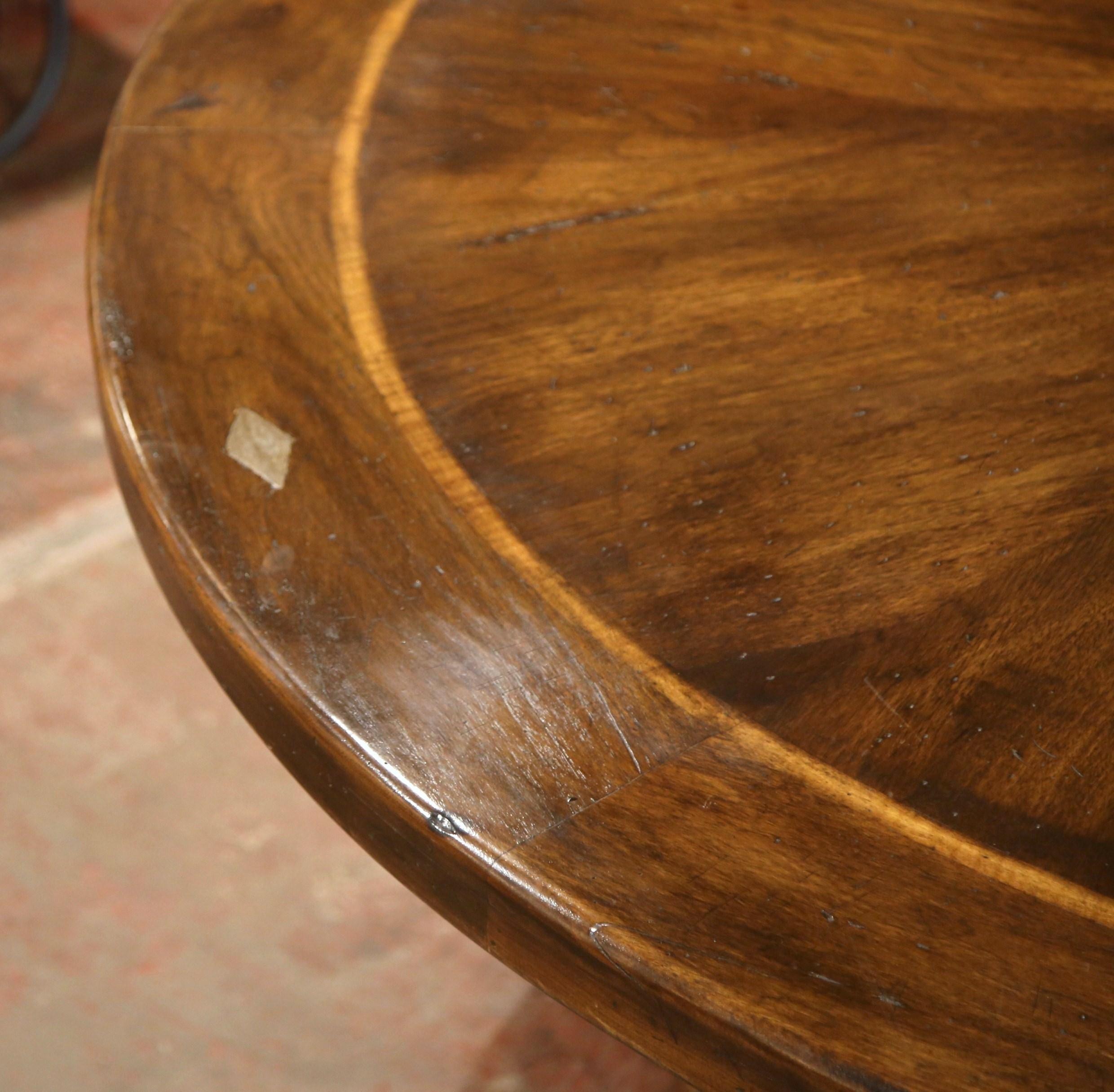 Large Round Walnut Table with Carved Center Pedestal and Geometric Design 1