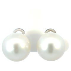 Large Round White South Sea Pearl Stud Earrings 14K White Gold