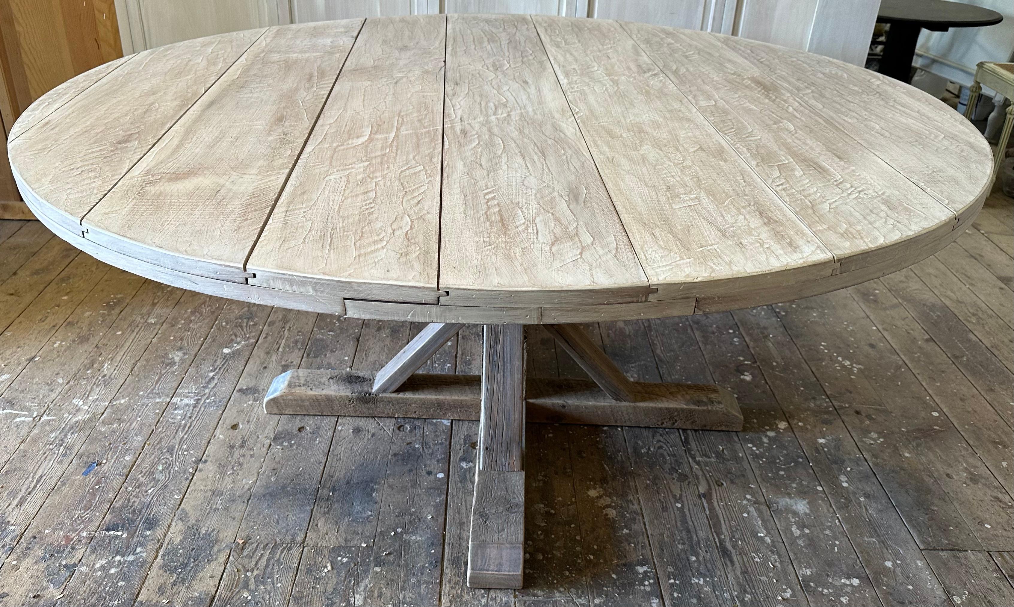 Large Round White Washed Pedestal Farmhouse Dining Table For Sale 1