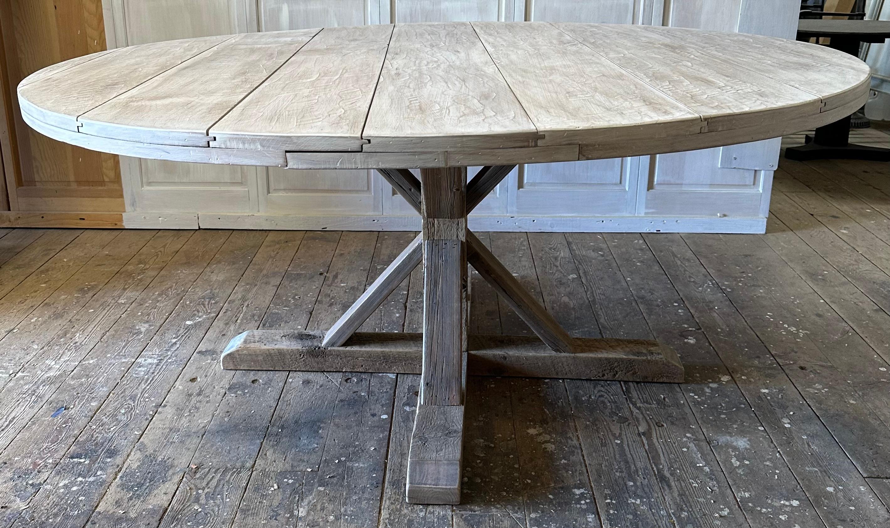 American Large Round White Washed Pedestal Farmhouse Dining Table For Sale