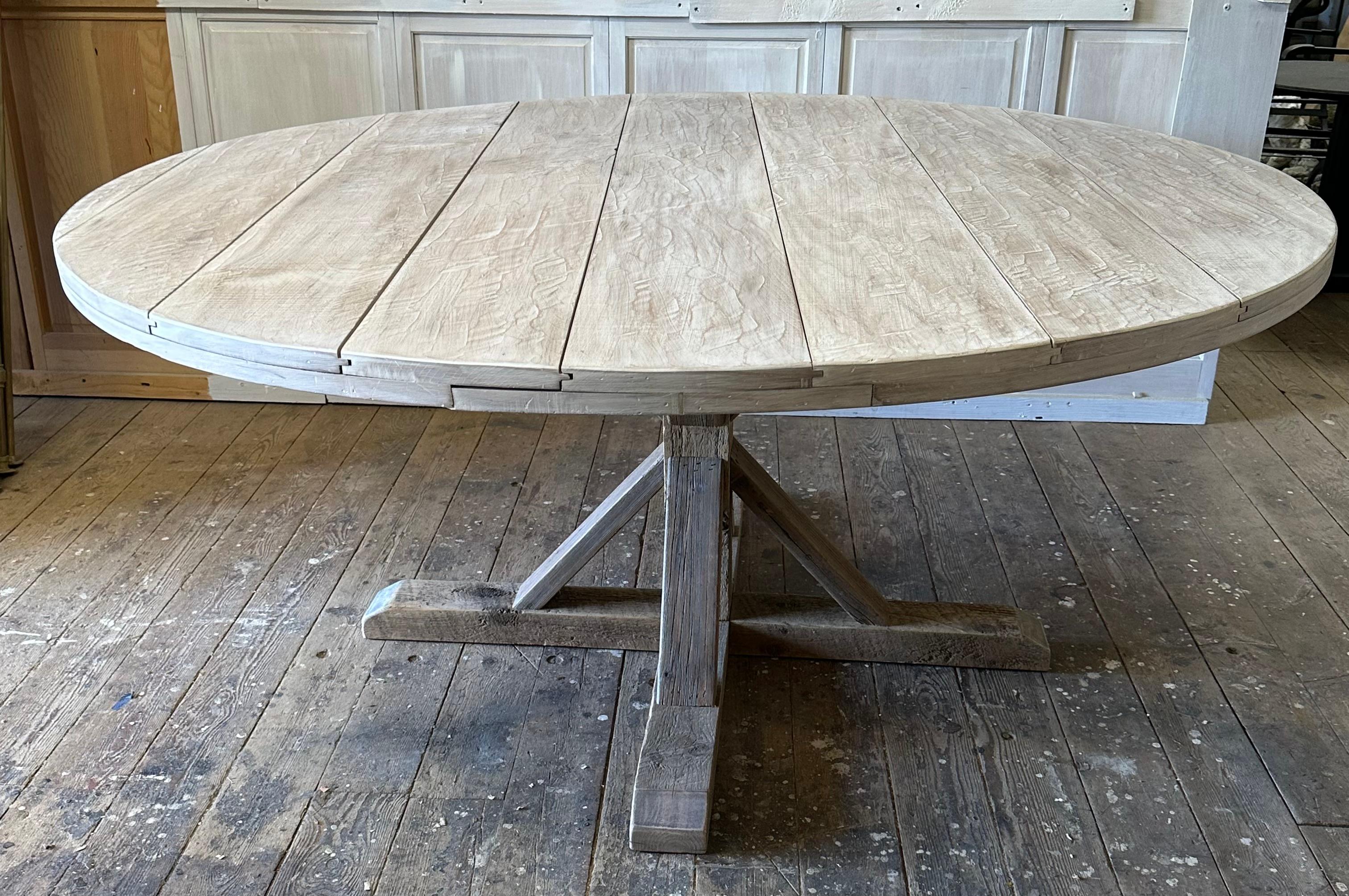 Large Round White Washed Pedestal Farmhouse Dining Table In Good Condition For Sale In Sheffield, MA
