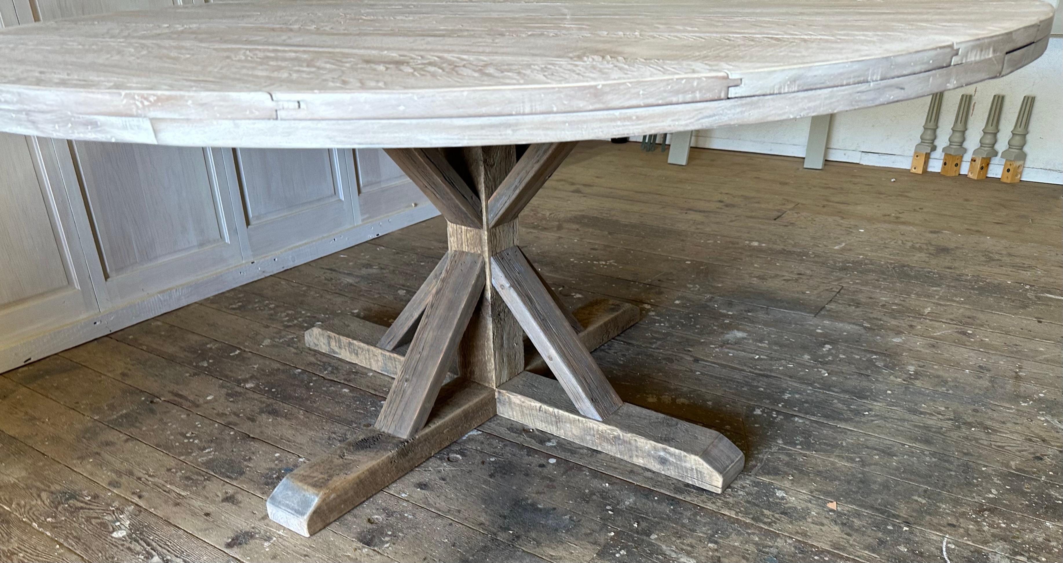 Wood Large Round White Washed Pedestal Farmhouse Dining Table For Sale