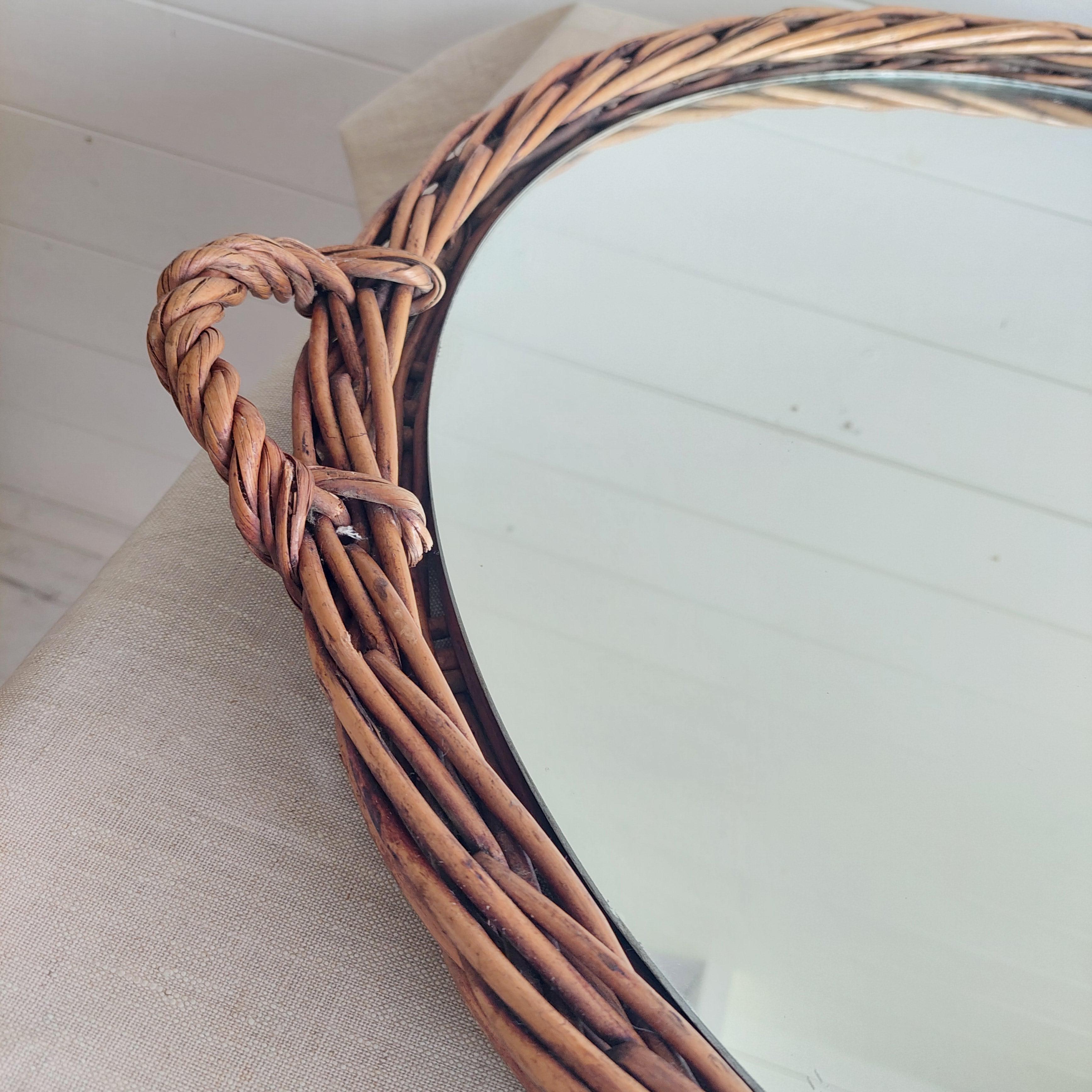Large Round Wicker Display Mirrored Tray With Handles 64cm diam 60s For Sale 5