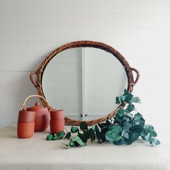 Large Round Wicker Display Mirrored Tray With Handles 64cm diam 60s