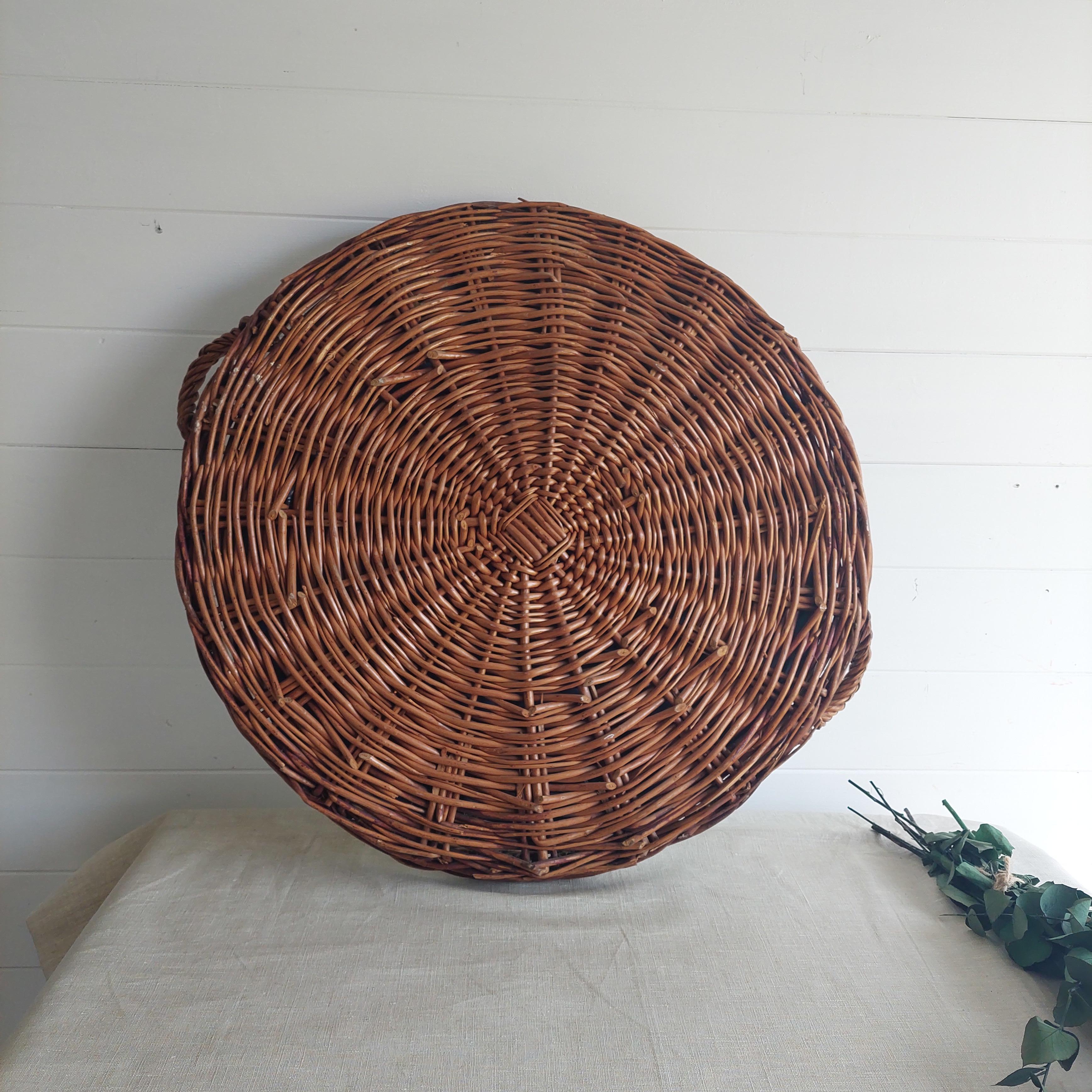 20th Century  Large Round Wicker Display Mirrored Tray With Handles 64cm diam 60s For Sale