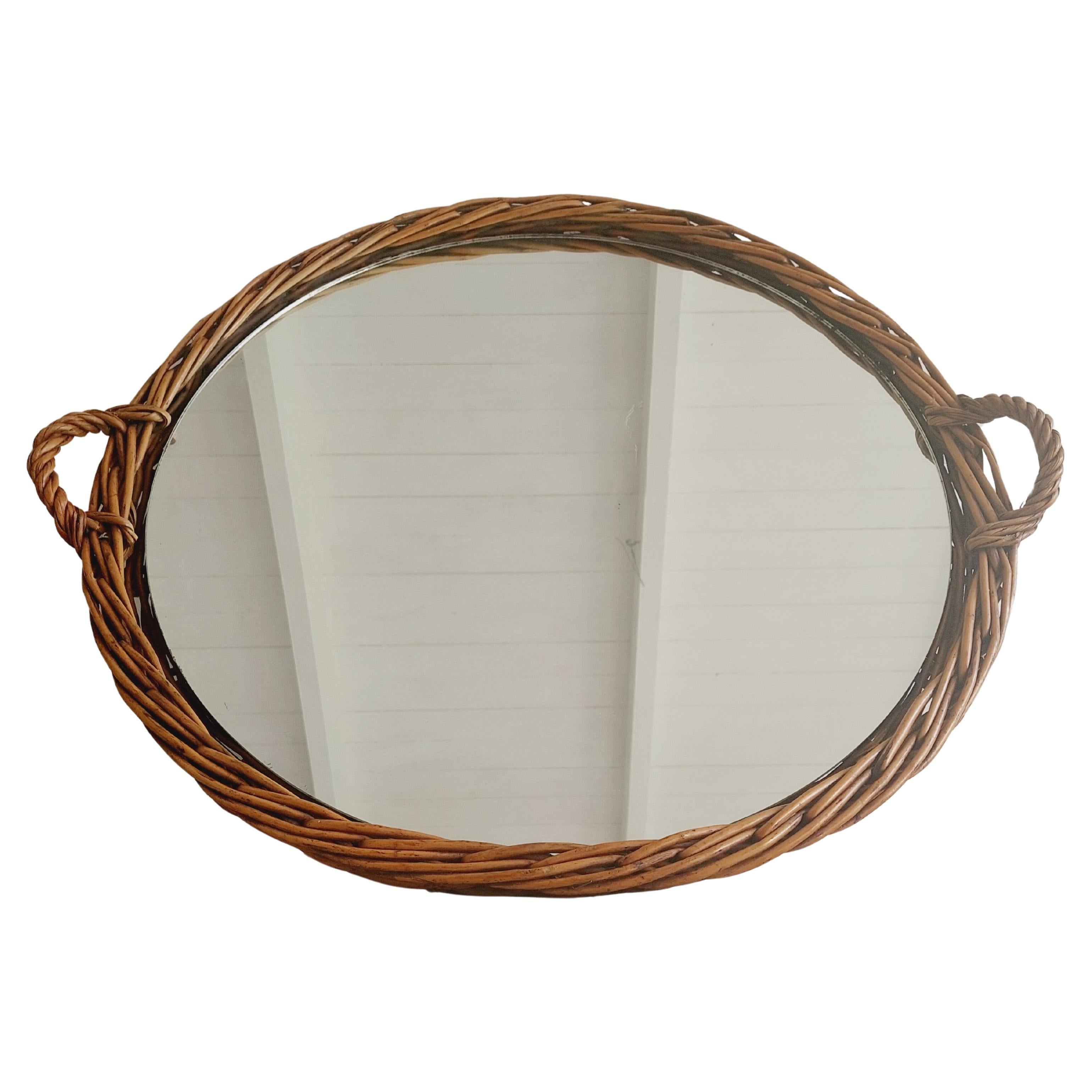 Large Round Wicker Display Mirrored Tray With Handles 64cm diam 60s