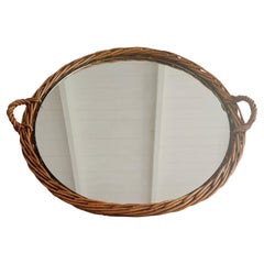 Used  Large Round Wicker Display Mirrored Tray With Handles 64cm diam 60s