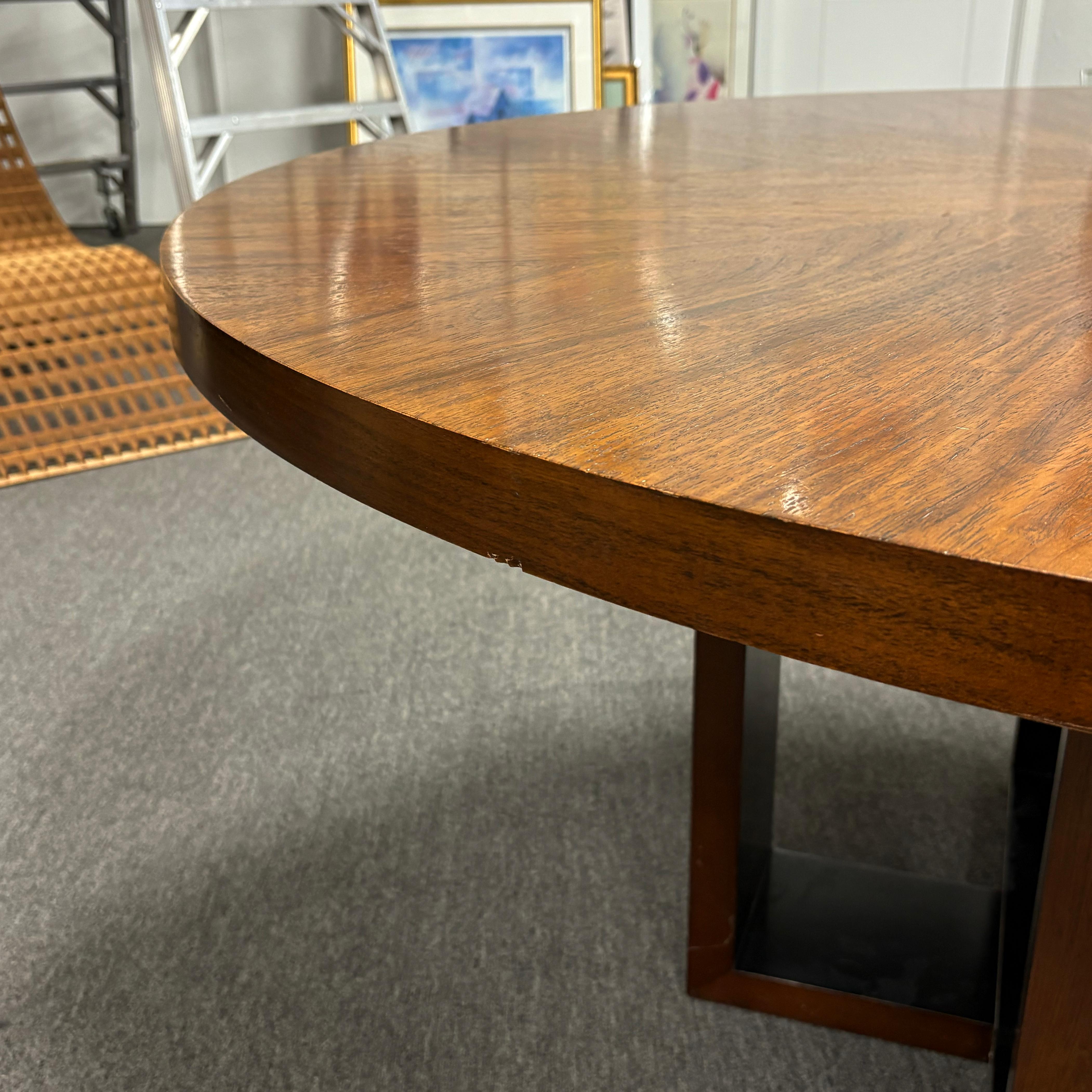 Large Round Wood Cross Base Dining Table In The Style Of Bruno Matteson In Good Condition For Sale In Keego Harbor, MI