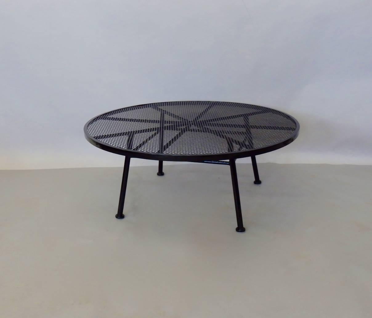 Mid-Century Modern Large Round Woodard Gloss Black Wrought Iron Coffee Cocktail Table