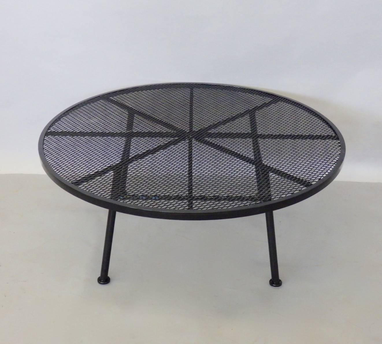 Powder-Coated Large Round Woodard Gloss Black Wrought Iron Coffee Cocktail Table