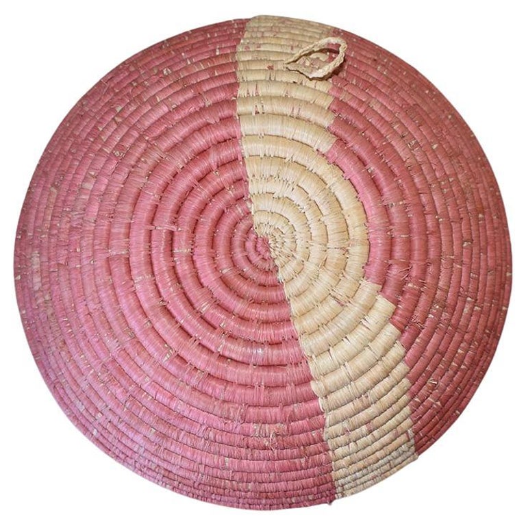 Large Round Woven African Hanging Wall Basket in Pink and Cream For
