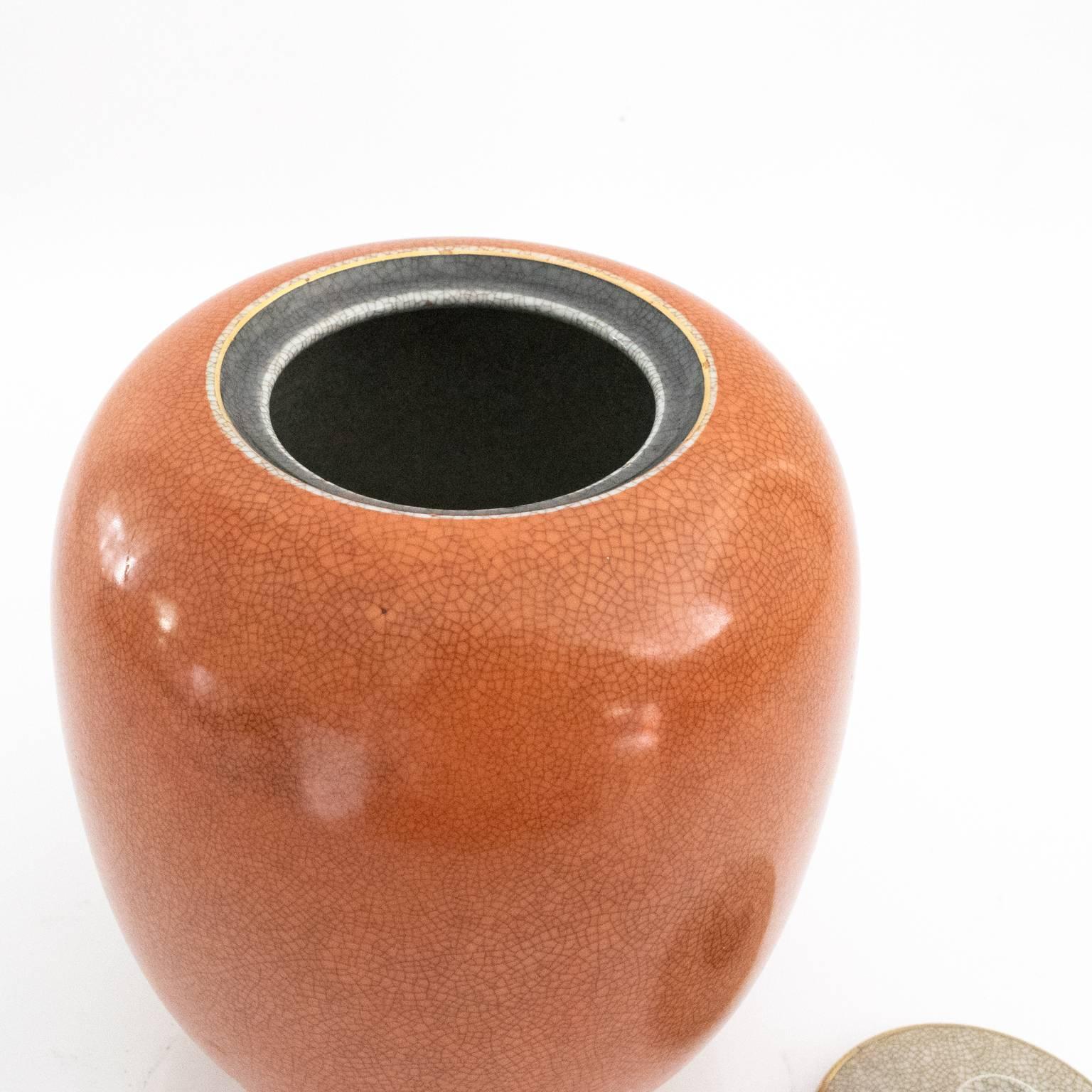 Scandinavian Modern Large Royal Copenhagen Ceramic Jar in Coral and White ‘Craquelure’ Crackle Glaze For Sale