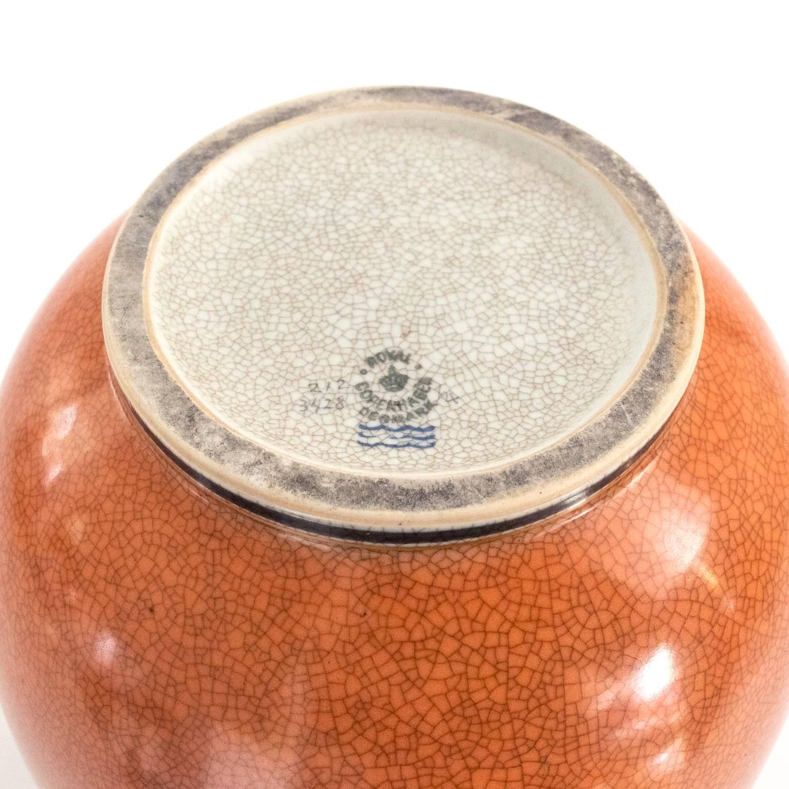 Scandinavian Large Royal Copenhagen Ceramic Jar in Coral and White ‘Craquelure’ Crackle Glaze For Sale