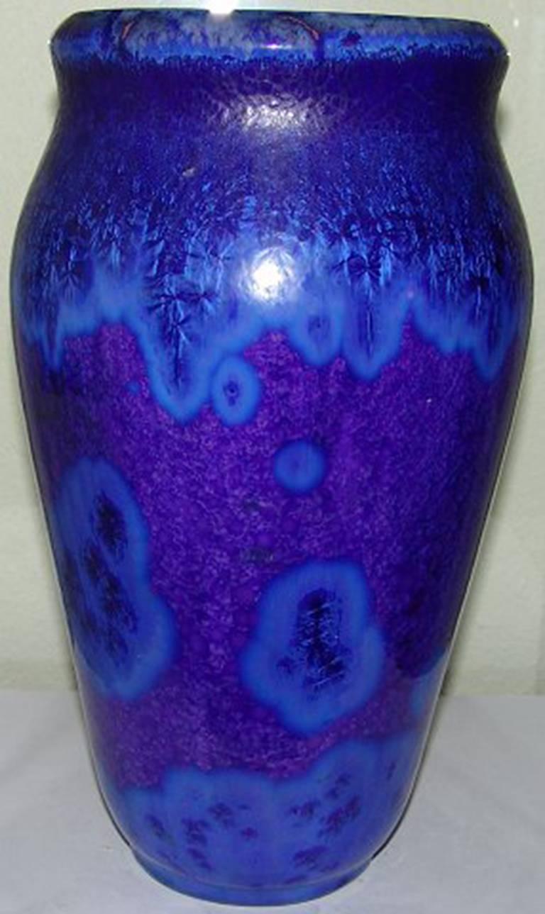 Large Royal Copenhagen crystalline glaze vase by Carl Frederik Ludvigsen #7. Measures 34 cm and is in good condition. Signed with his monogram and #7. So this is one of his very first vases he signed and numbered. Covered in crystals all over. A