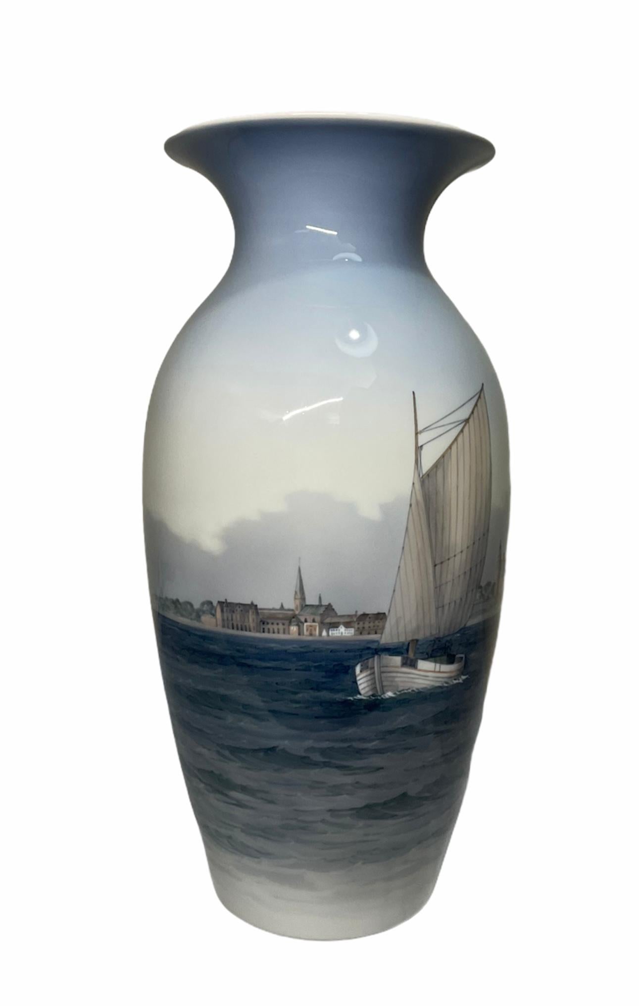 Neoclassical Large Royal Copenhagen Hand Painted Sailboat Porcelain Urn Vase