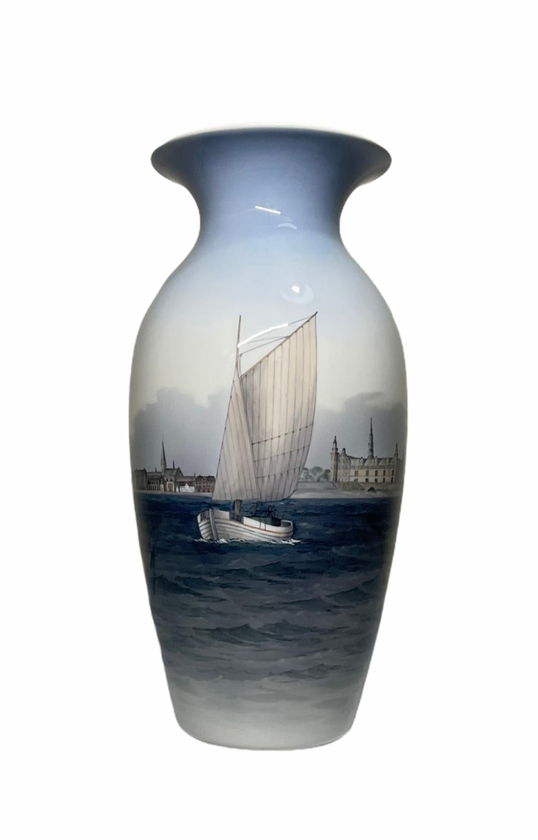 Large Royal Copenhagen Hand Painted Sailboat Porcelain Urn Vase 1