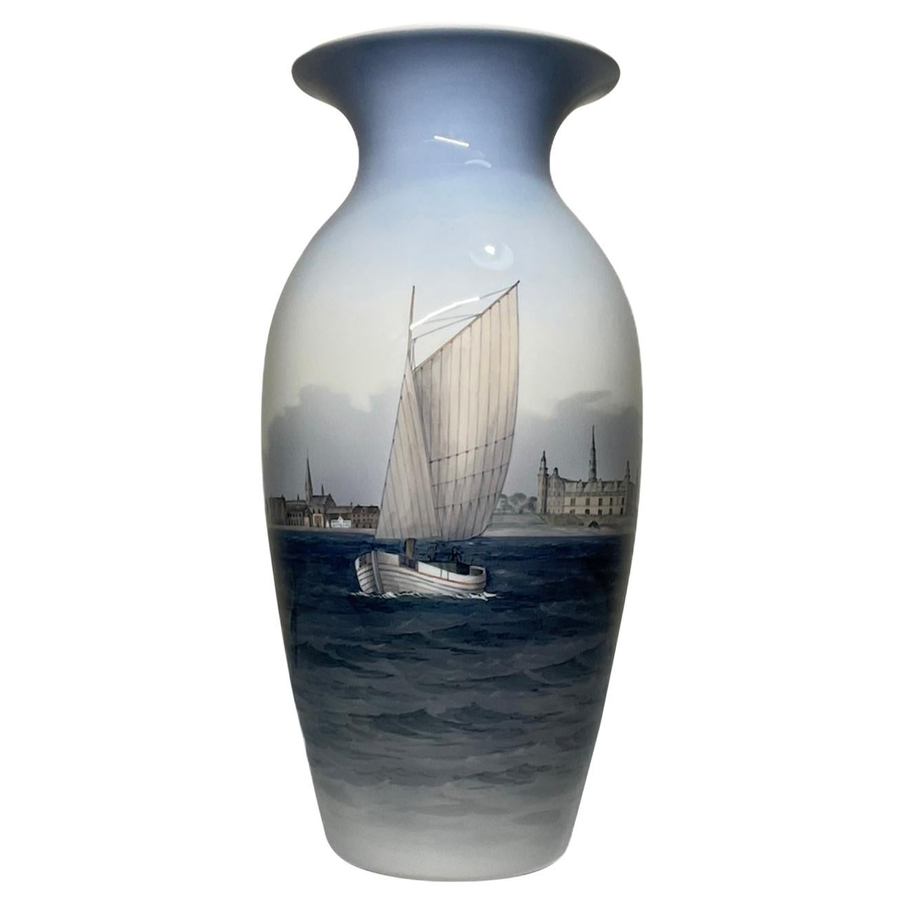 Large Royal Copenhagen Hand Painted Sailboat Porcelain Urn Vase