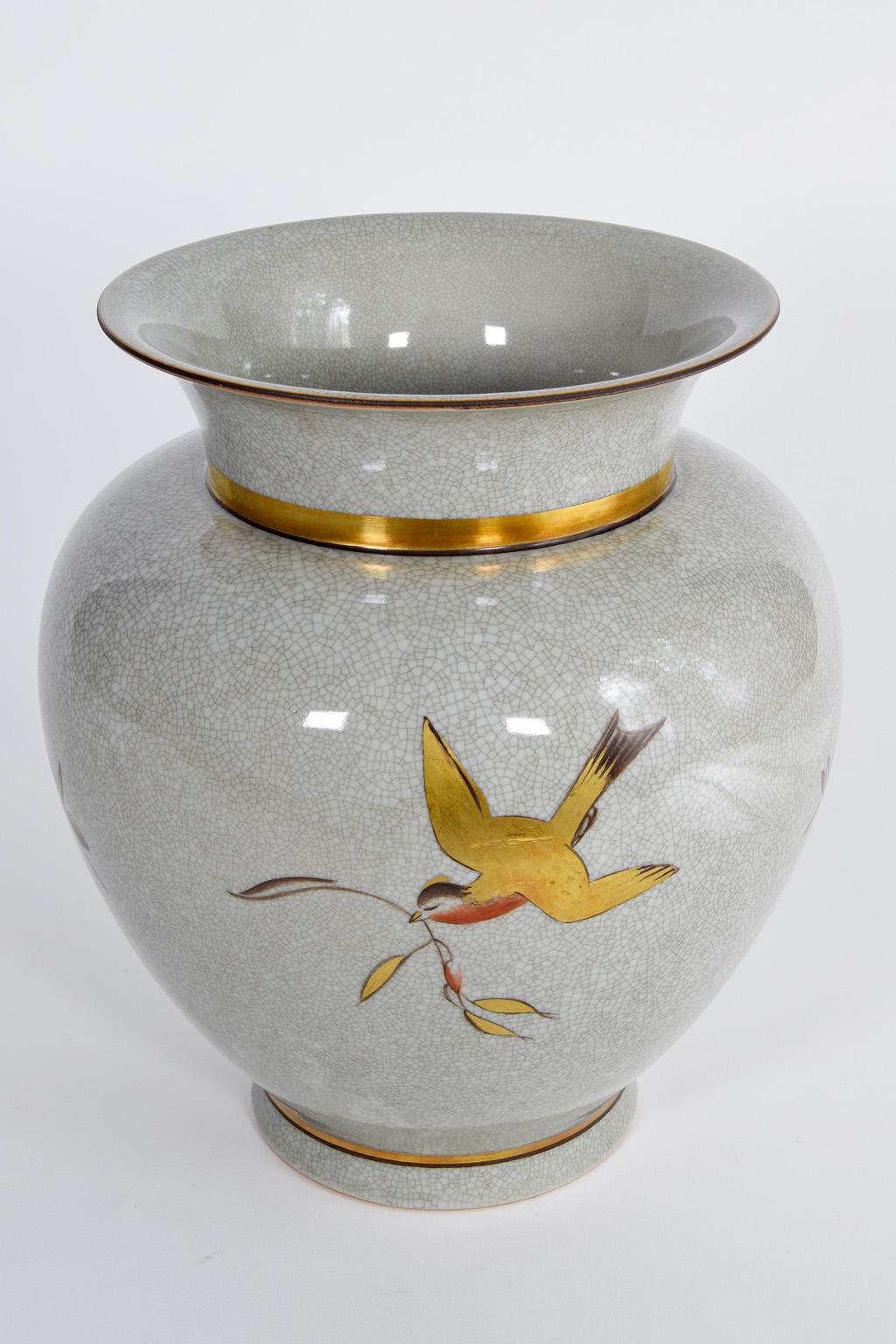 Danish Large Royal Copenhagen Porcelain Crackle Glaze Vase, Flower Decor, 1950s Denmark