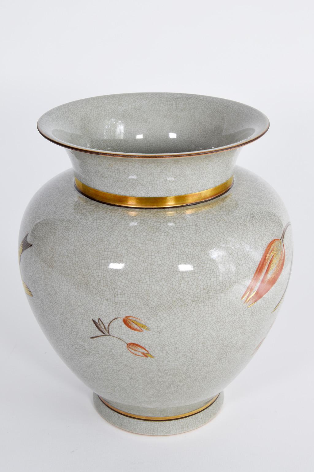 Large Royal Copenhagen Porcelain Crackle Glaze Vase, Flower Decor, 1950s Denmark In Good Condition In Nürnberg, Bavaria