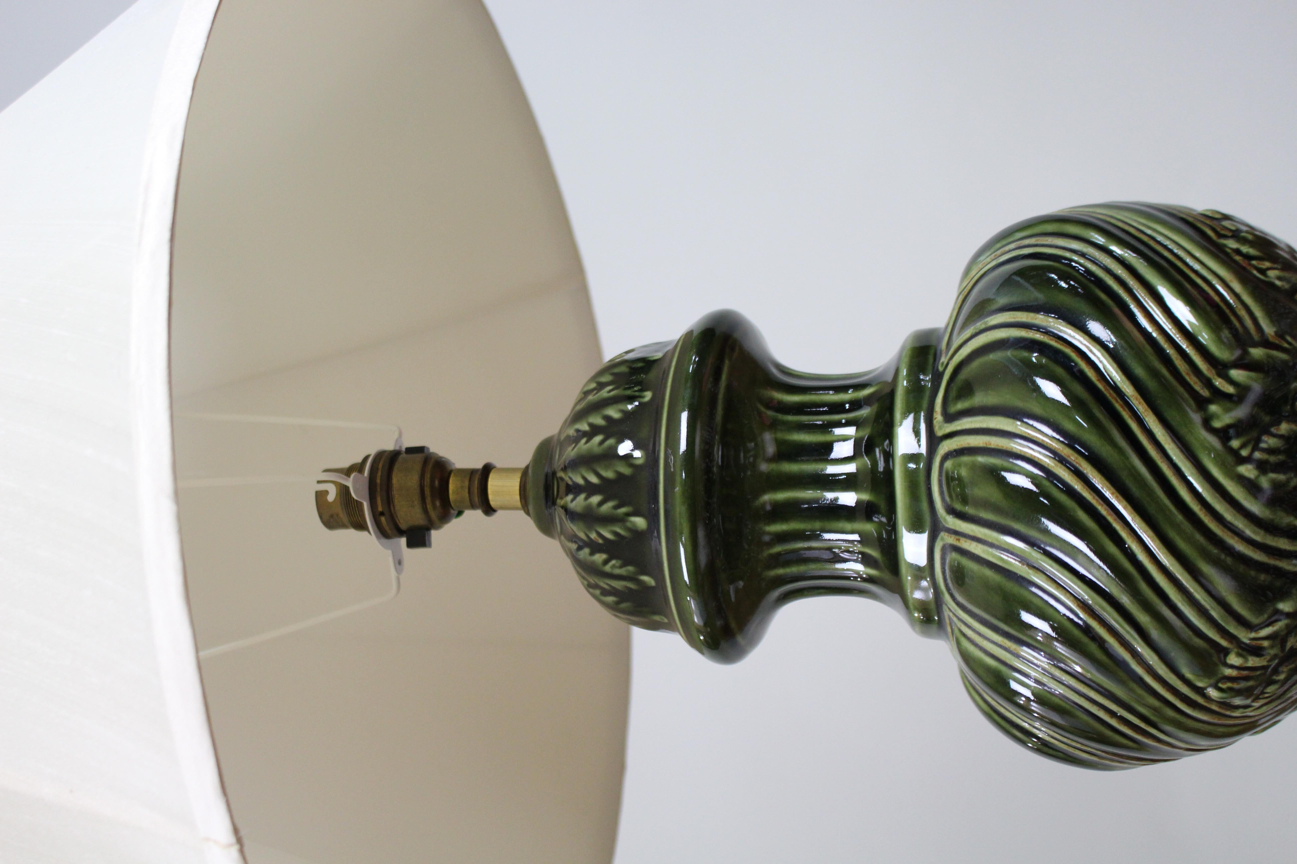 French Large Royal Doulton Green Glazed Ceramic Table Lamp with Shade For Sale