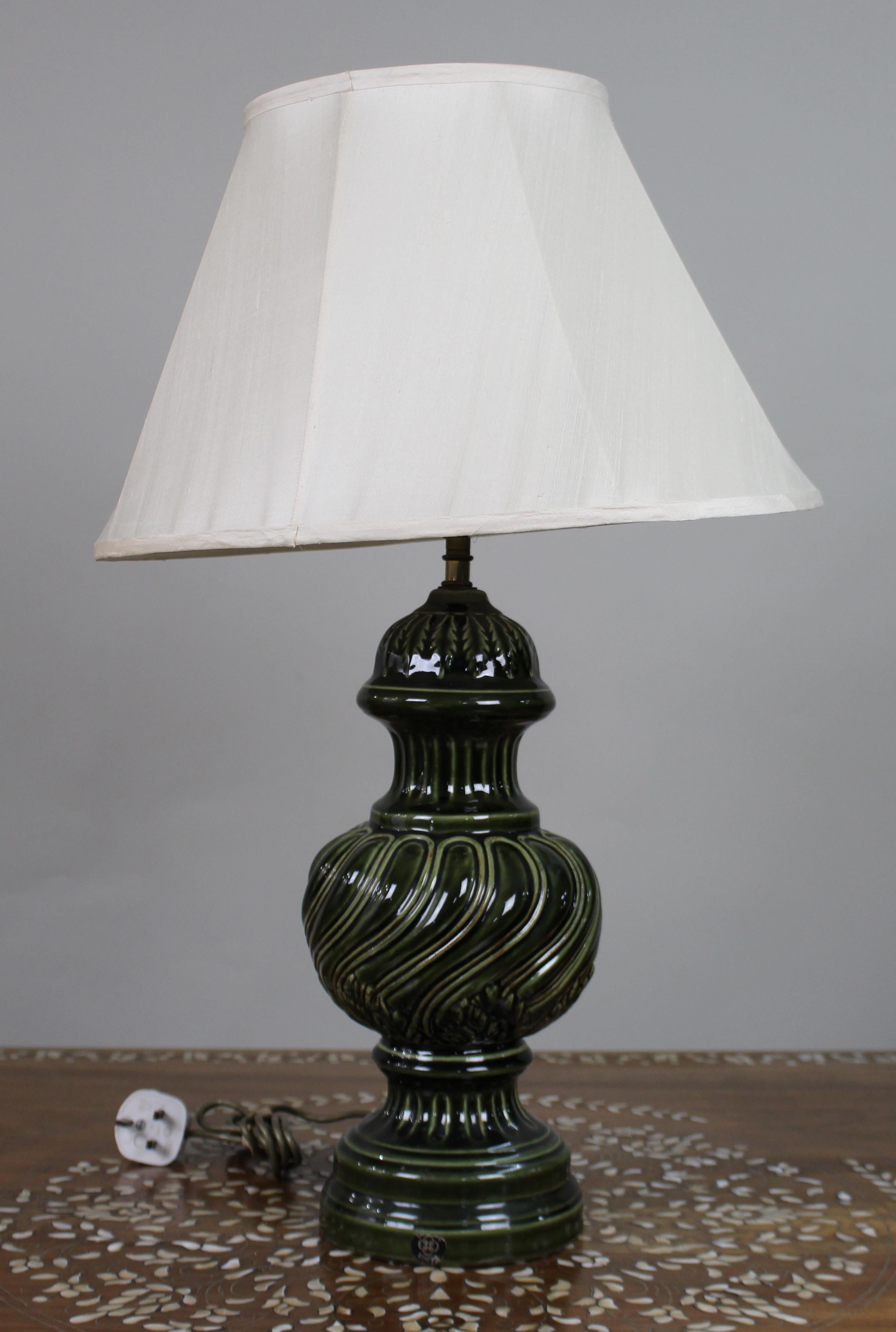 20th Century Large Royal Doulton Green Glazed Ceramic Table Lamp with Shade For Sale