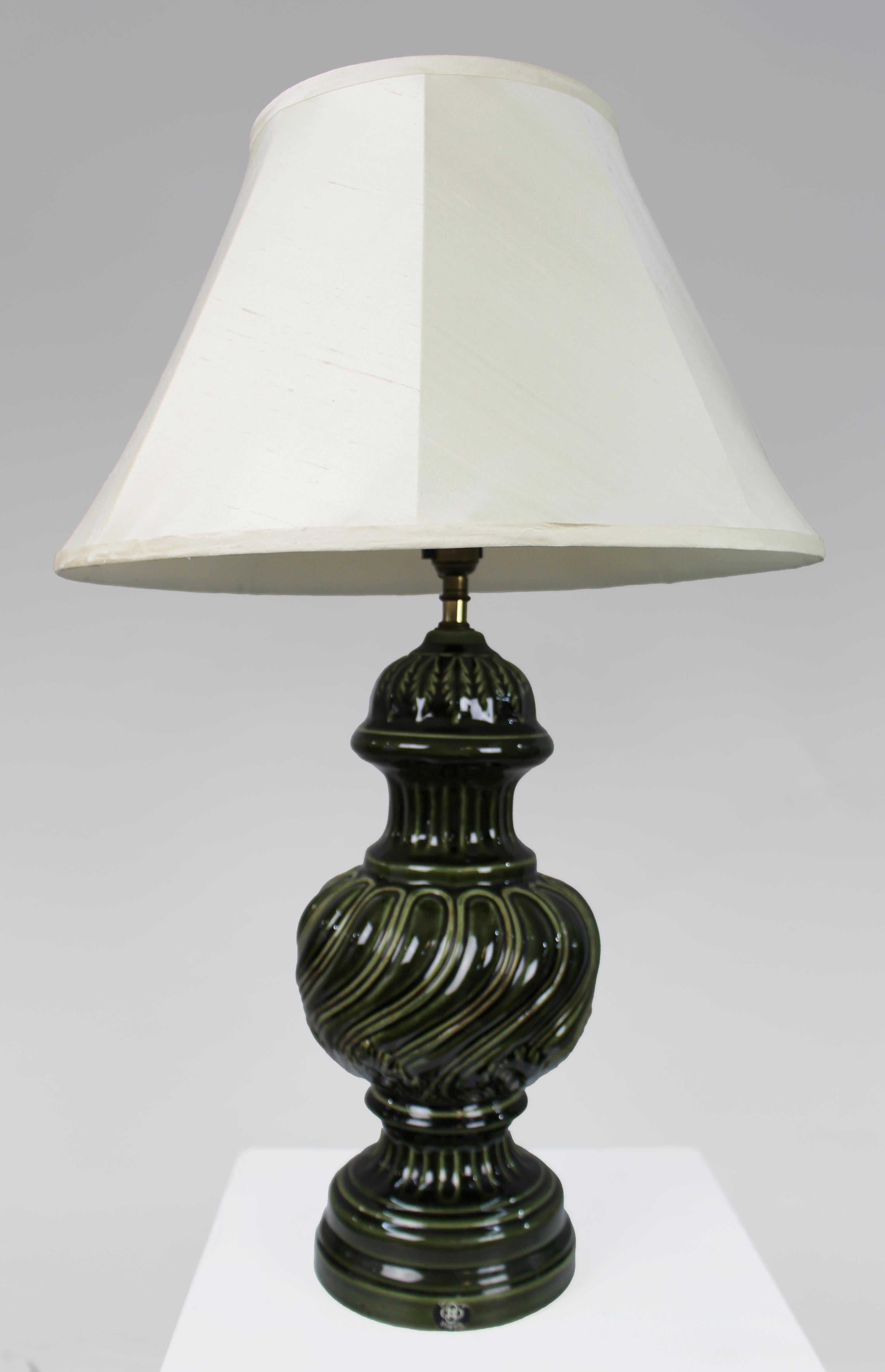 Large Royal Doulton Green Glazed Ceramic Table Lamp with Shade For Sale 2
