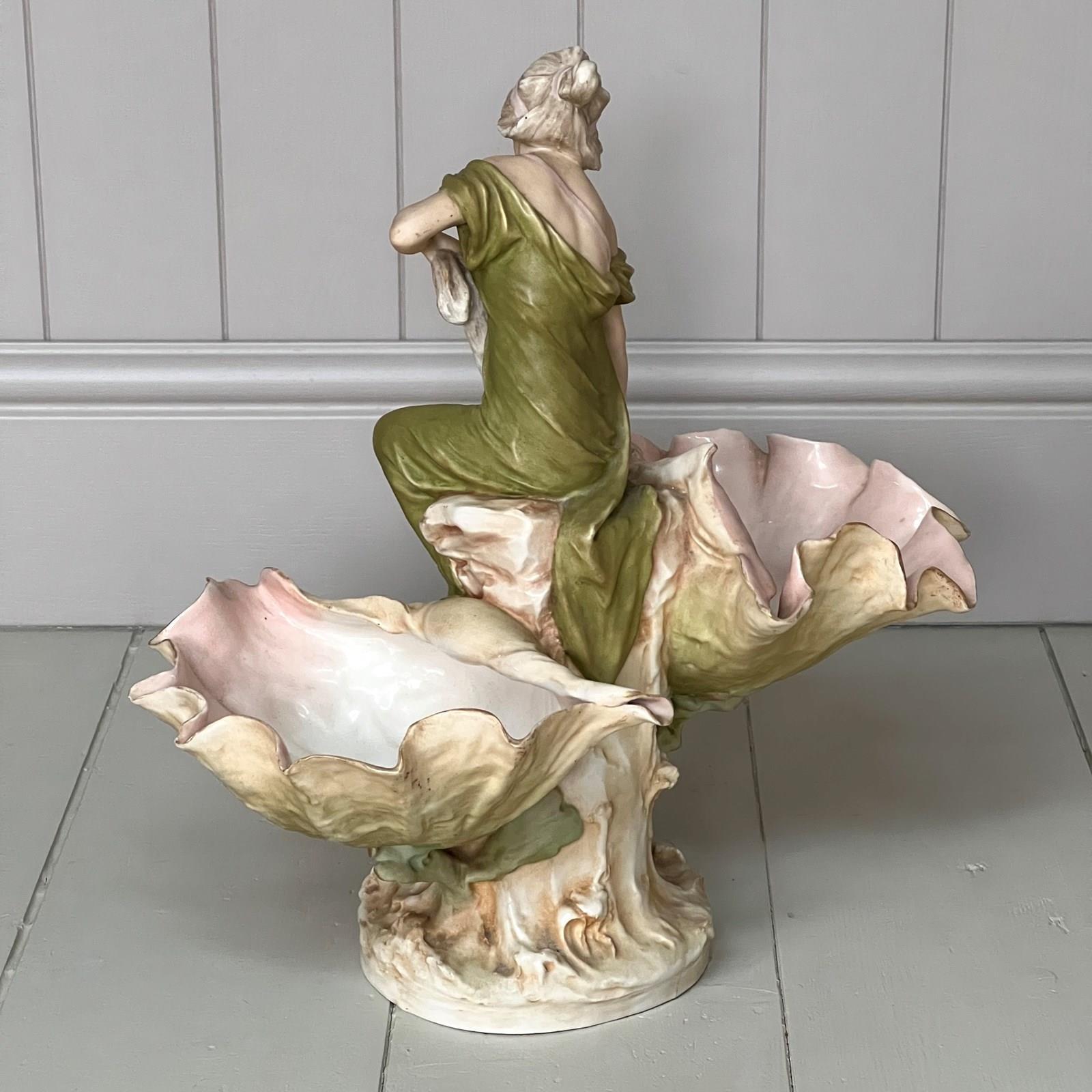 Czech Large Royal Dux Porcelain Art Nouveau Maiden Centrepiece Figurine