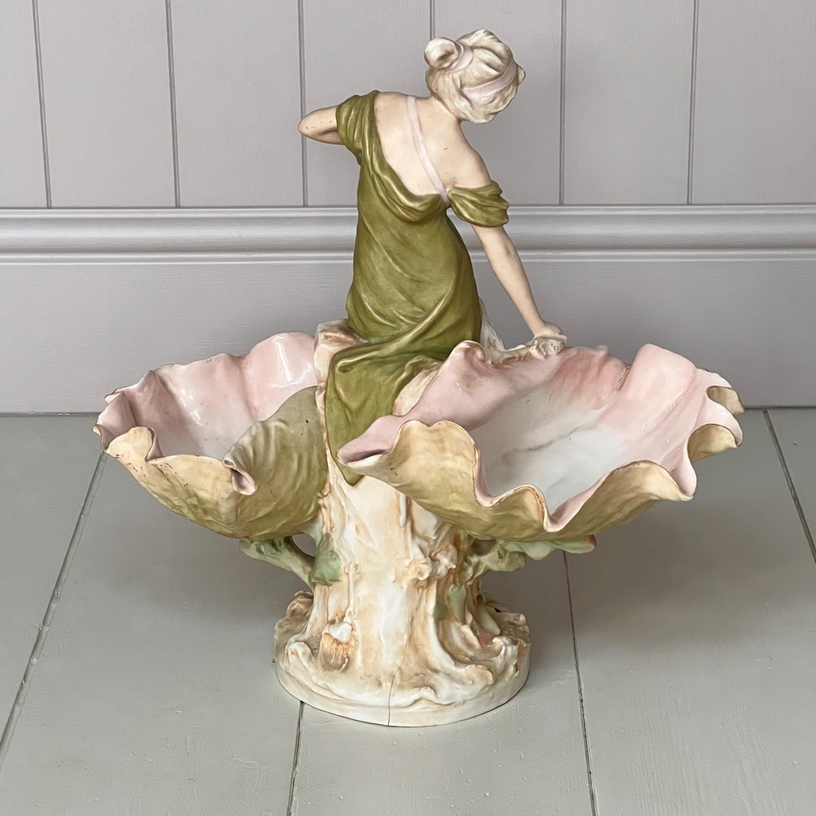 Large Royal Dux Porcelain Art Nouveau Maiden Centrepiece Figurine In Good Condition In London, GB