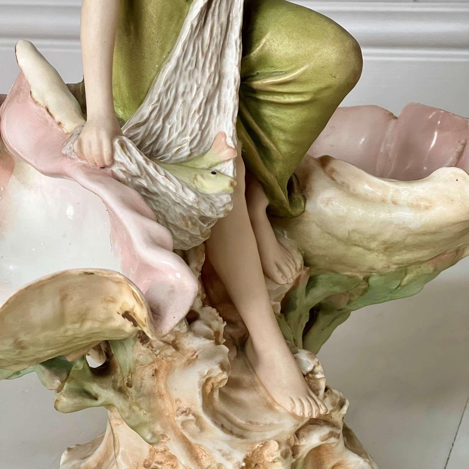 Early 20th Century Large Royal Dux Porcelain Art Nouveau Maiden Centrepiece Figurine