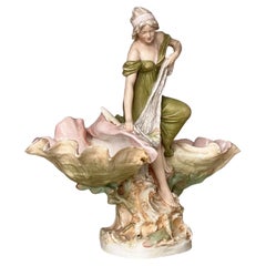 Large Royal Dux Porcelain Art Nouveau Maiden Centrepiece Figurine