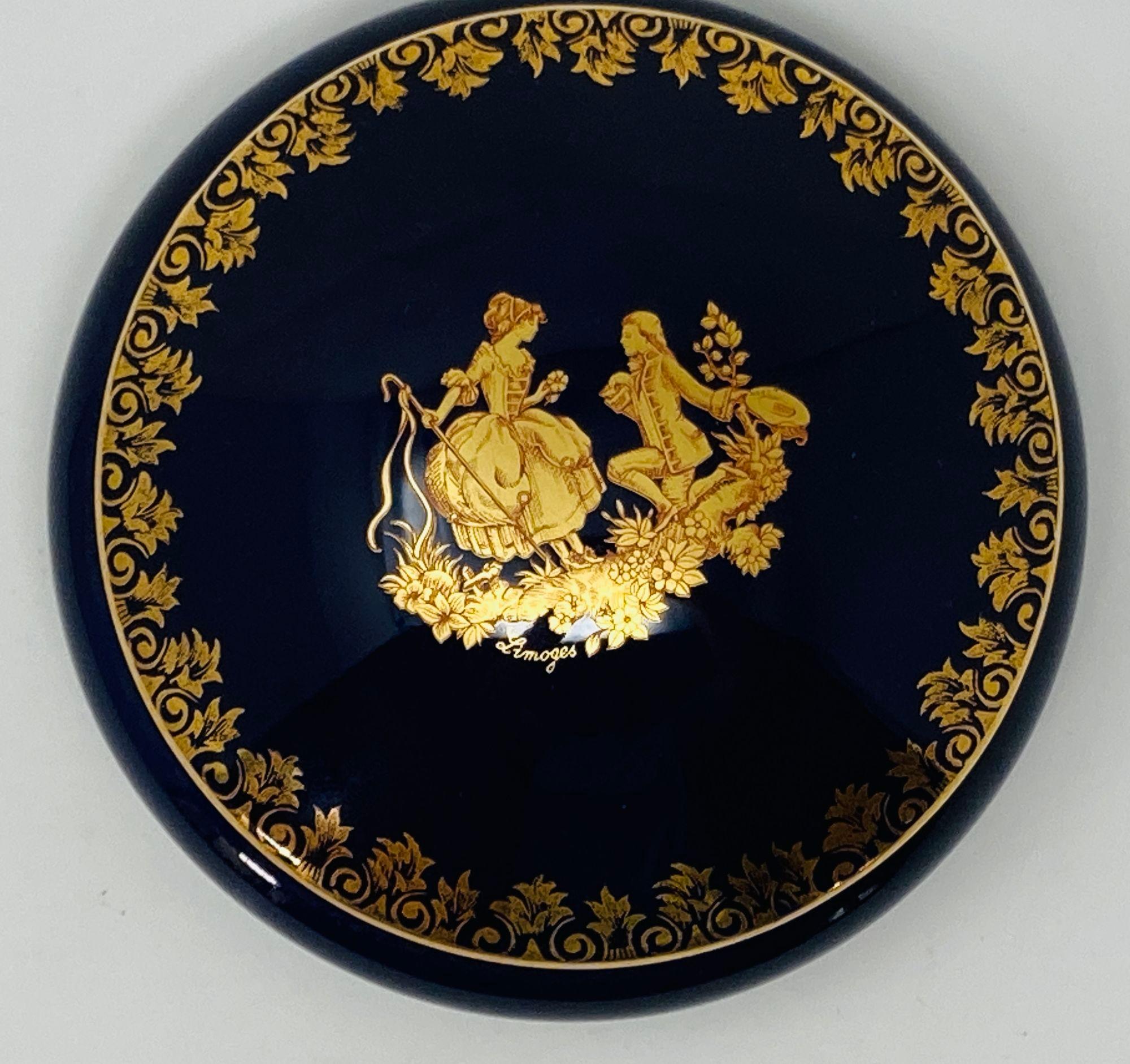 20th Century Royal Limoges Castel France 22-Karat Gold Trinket Round Box in Cobalt Blue For Sale