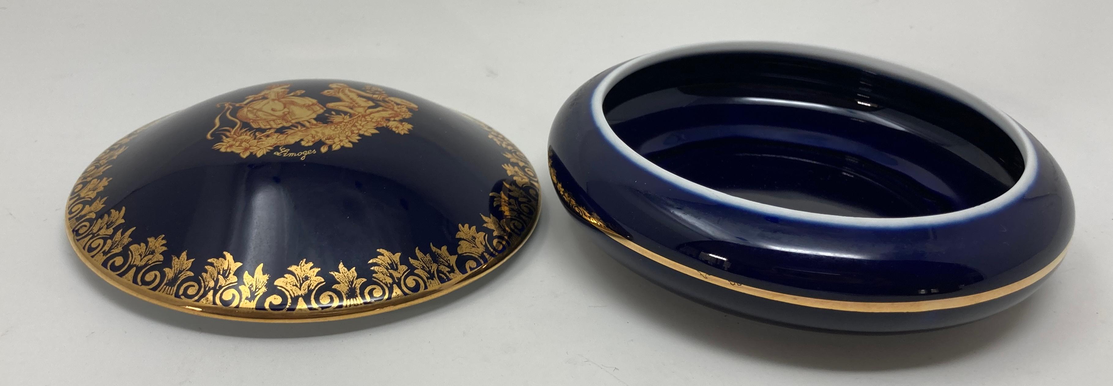 French Royal Limoges Castel France 22-Karat Gold Trinket Round Box in Cobalt Blue For Sale