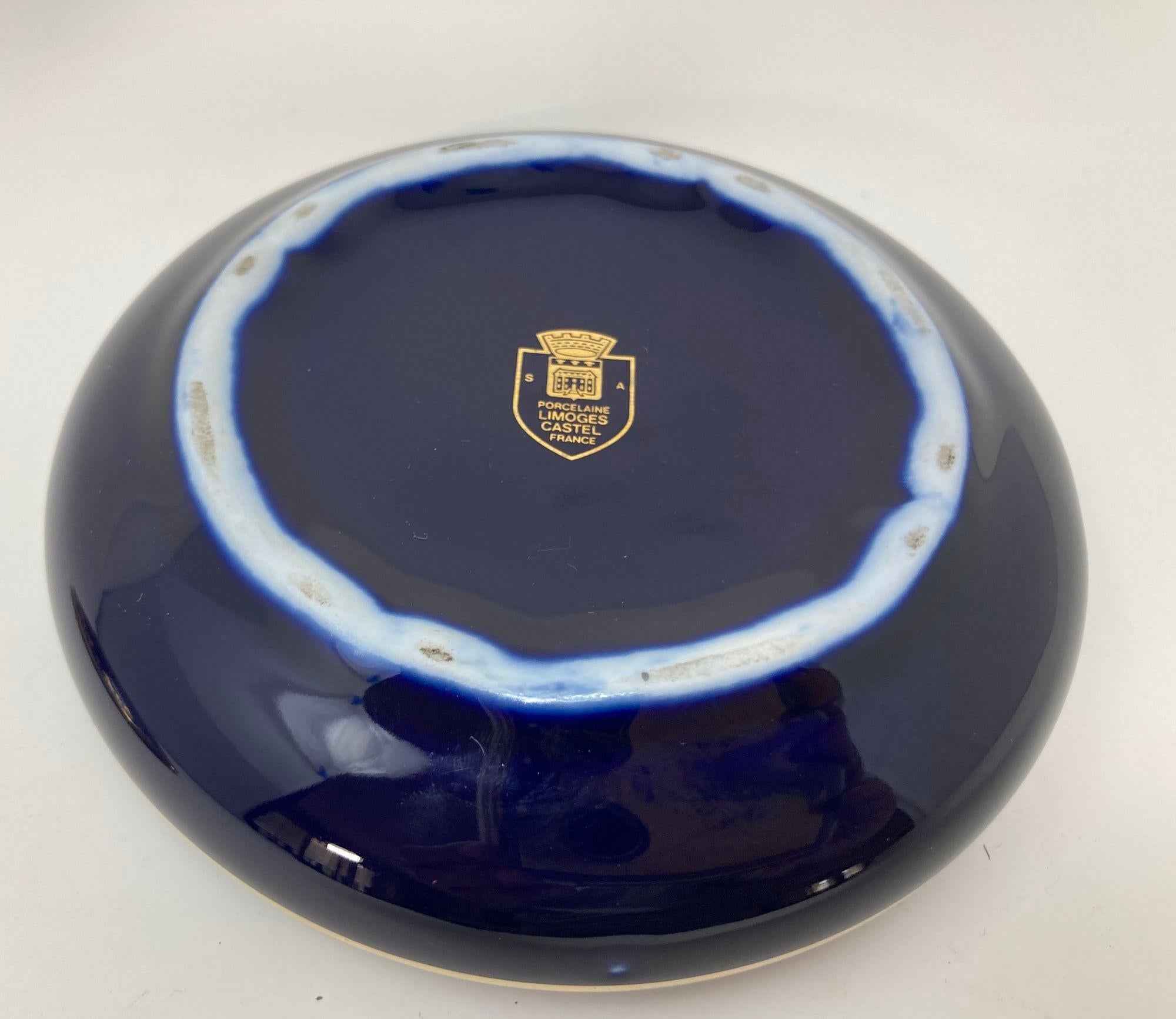 Hand-Painted Royal Limoges Castel France 22-Karat Gold Trinket Round Box in Cobalt Blue For Sale