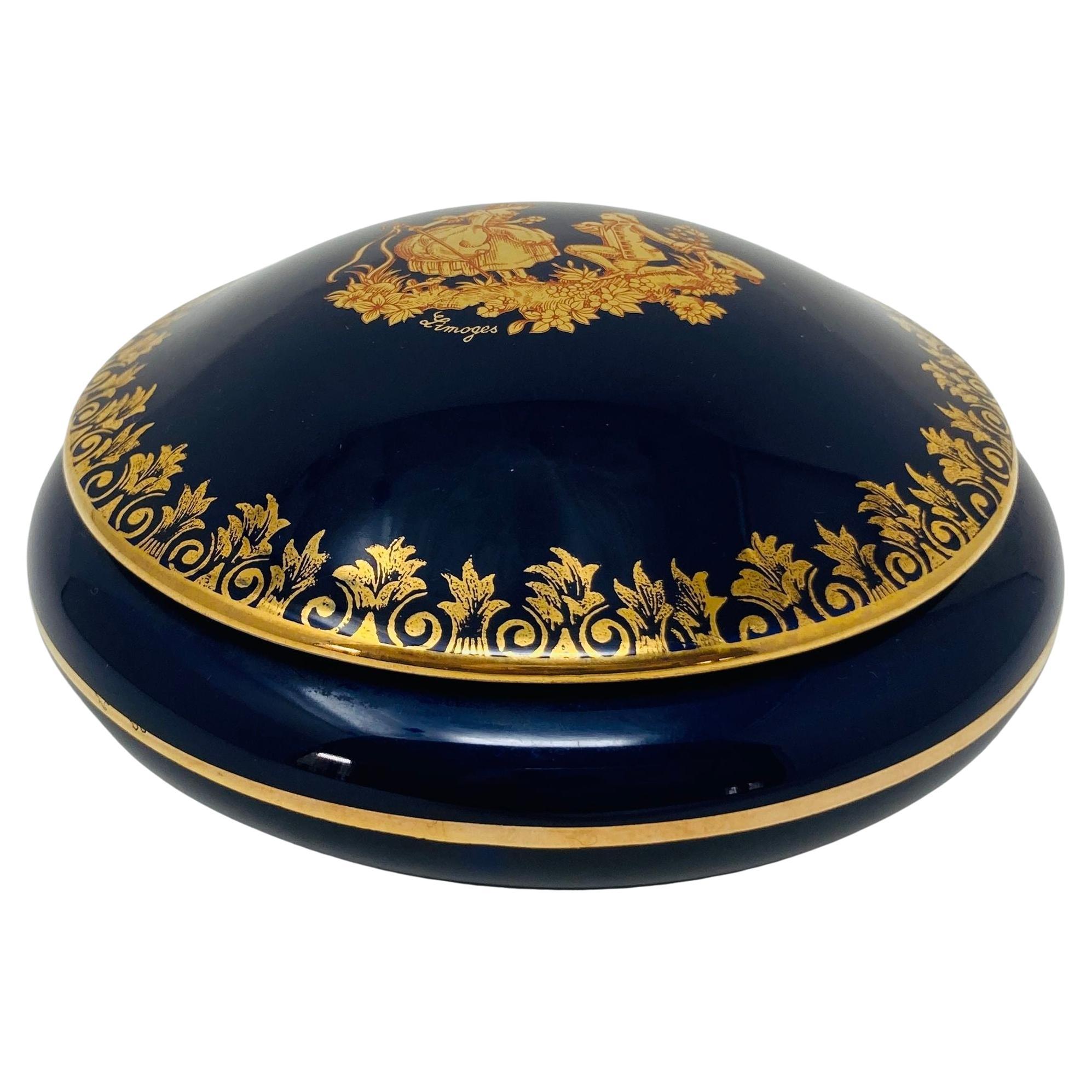 Royal Limoges Castel France 22-Karat Gold Trinket Round Box in Cobalt Blue For Sale