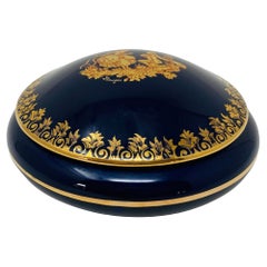 Large Royal Limoges Castel France 22-Karat Gold Trinket Round Box in Cobalt Blue